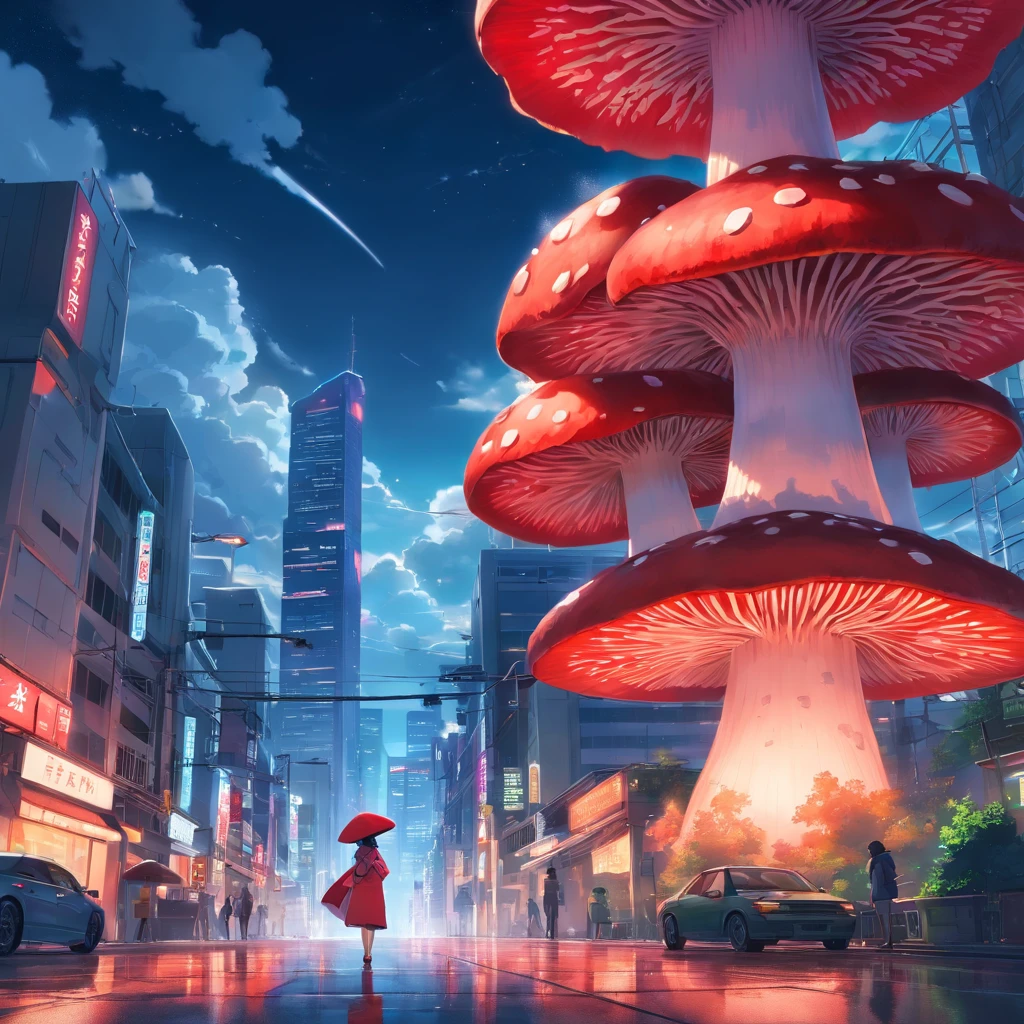 1 huge red mushroom,((Shrouded the entire city:1.1)),Clouds，nigth,The end of the world，terrifed，cinematic ligh，Photo,