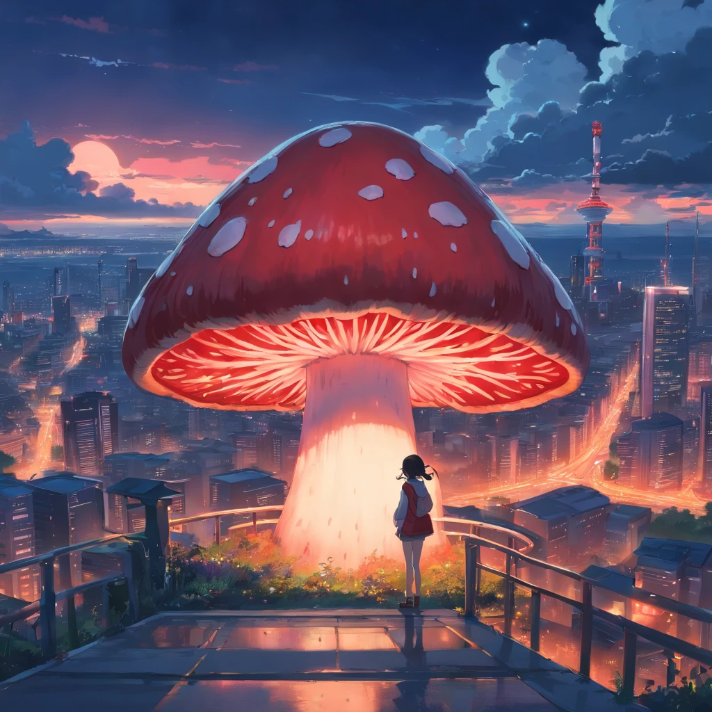 1 huge red mushroom,((Shrouded the entire city:1.1)),Clouds,nigth,The end of the world,terrifed,cinematic ligh,Photo,