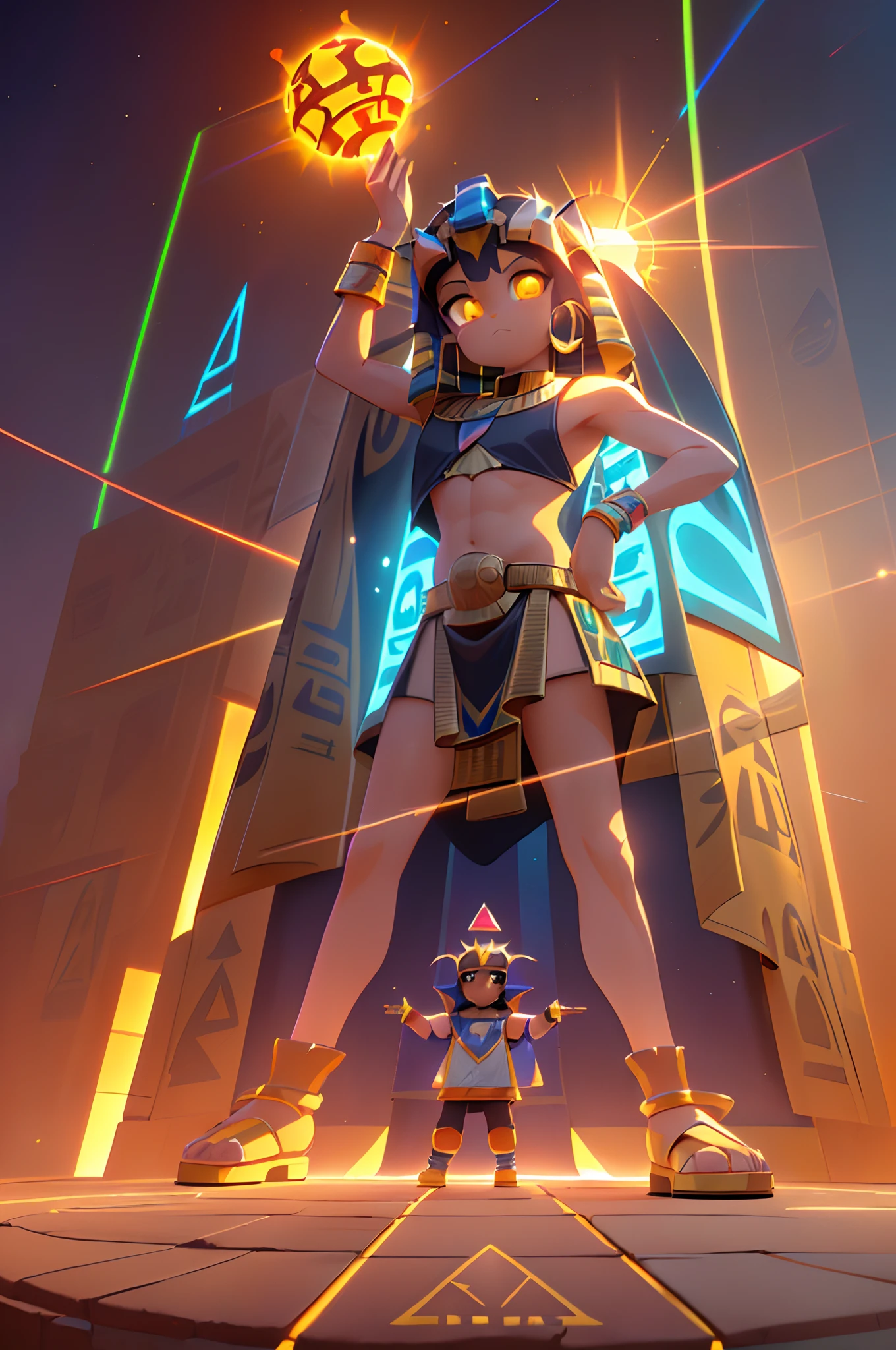 (Dynamic Angle:1.4), ((Full body posing:1.5), (Colorful:1.2), (Highly detailed CG Unity 16K wallpaper:1.1), (Denoising strength: 1.45), (tmasterpiece:1.37), ((Official art)), of the highest quality, (Realistic), (Male child:1.5), (Short-cut hair:1.2),(Costume of Sun God Ra:1.5),Golden hair,Glowing eyes,(yellow  eyes:1.2),((Poses in motion:1.4)),((Costume of Sun God Ra:1.3)),wires, (LED:1.3), (a hologram:1.2),(The sun overhead:1.3), Streets of Egypt,  (Night:1.2), (Rainbow Model:1.2), 8K resolution, (Anime style:1.3), Cinematic lighting, chromatic abberation, spark of light, Ray tracing, blending, ultra wide-angle,  Hasselblad, (masutepiece), (masutepiece), ((Best Quality)), ((masutepiece)), nffsw