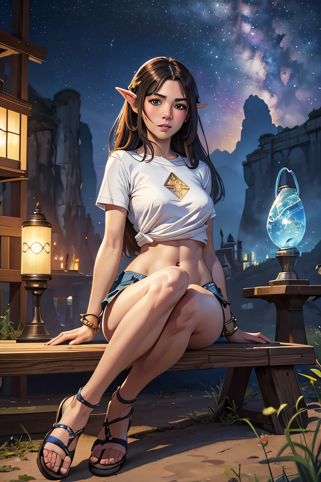 best quality, ultra high res, high resolution, 8k resolution, wallpaper, (masterpiece:1.3), 3D, (realistic, photo realistic:1.3), cowboy shot, in a park, a young Japanese beautiful woman, solo, extremely detailed beautiful face and eyes, extremely detailed smooth thighs and panties, detailed clothes, cute face, elegant, gentle, (neat and clean), (blush:1.1), (embarrassed expression:1.1), shy and faint smile, puffy lips, (small perky breasts:1.3), clear and fair skin, young and feminine figure, wearing mini denim skirt, tight-fitting t-shirts, sexy white panties, sandals, sitting on a bench, closed knees, looking at viewer, facing viewer, panties are shown between thighs, (shot from front below), close-up photo((Melhor qualidade)), ((obra-prima)), (altamente detalhado:1.3), 3D, In a distant future where the boundaries between science fiction and fantasy have dissolved, The world is a tapestry of awe-inspiring wonders. Entre em um universo onde magia e tecnologia coexistem em harmonia, shaping the fate of civilizations across vast expanses of space. At the heart of this realm is the Celestial Nexus, An intergalactic center of mystical energies and technological wonders. Aqui, Arcane knowledge intertwines with cutting-edge science, giving rise to a society where spaceships are imbued with the power of ancient spells, and technology is augmented by the mystical arts. Embarque em uma grande odisseia como um jovem explorador, destinado a desvendar os segredos do Nexo Celestial. Ao atravessar os reinos desconhecidos do cosmos, Find diverse civilizations filled with beings who possess extraordinary abilities. From the Ethereal Elven Towers, where the art of interdimensional travel is perfected, to the cybernetic enclaves of the Android Conglomerate, We witness the tapestry of life as magic and technology intertwine. Release your latent powers as you become attuned to the energies flowing through the Nexus. Aproveite os antigos encantamentos de