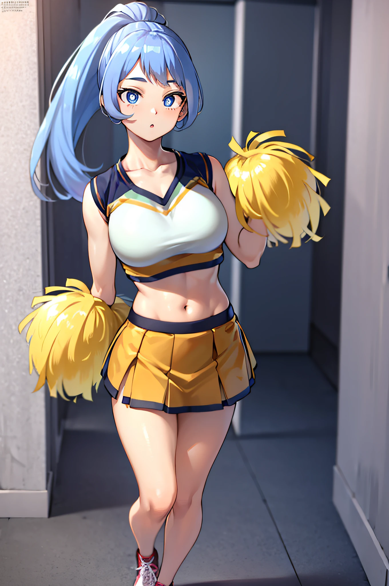 nejirehadou, nejire hadou, blue eyes, blue hair, long hair, BREAK cheerleader, crop top, holding pom poms, midriff, navel, orange skirt, pink footwear, pom pom (cheerleading), pom poms, ponytail, skirt, (u.a. cheerleader uniform:1.5), BREAK looking at viewer, full body, BREAK indoors, classroom, BREAK (masterpiece:1.2), best quality, high resolution, unity 8k wallpaper, (illustration:0.8), (beautiful detailed eyes:1.6), extremely detailed face, perfect lighting, extremely detailed CG, (perfect hands, perfect anatomy),