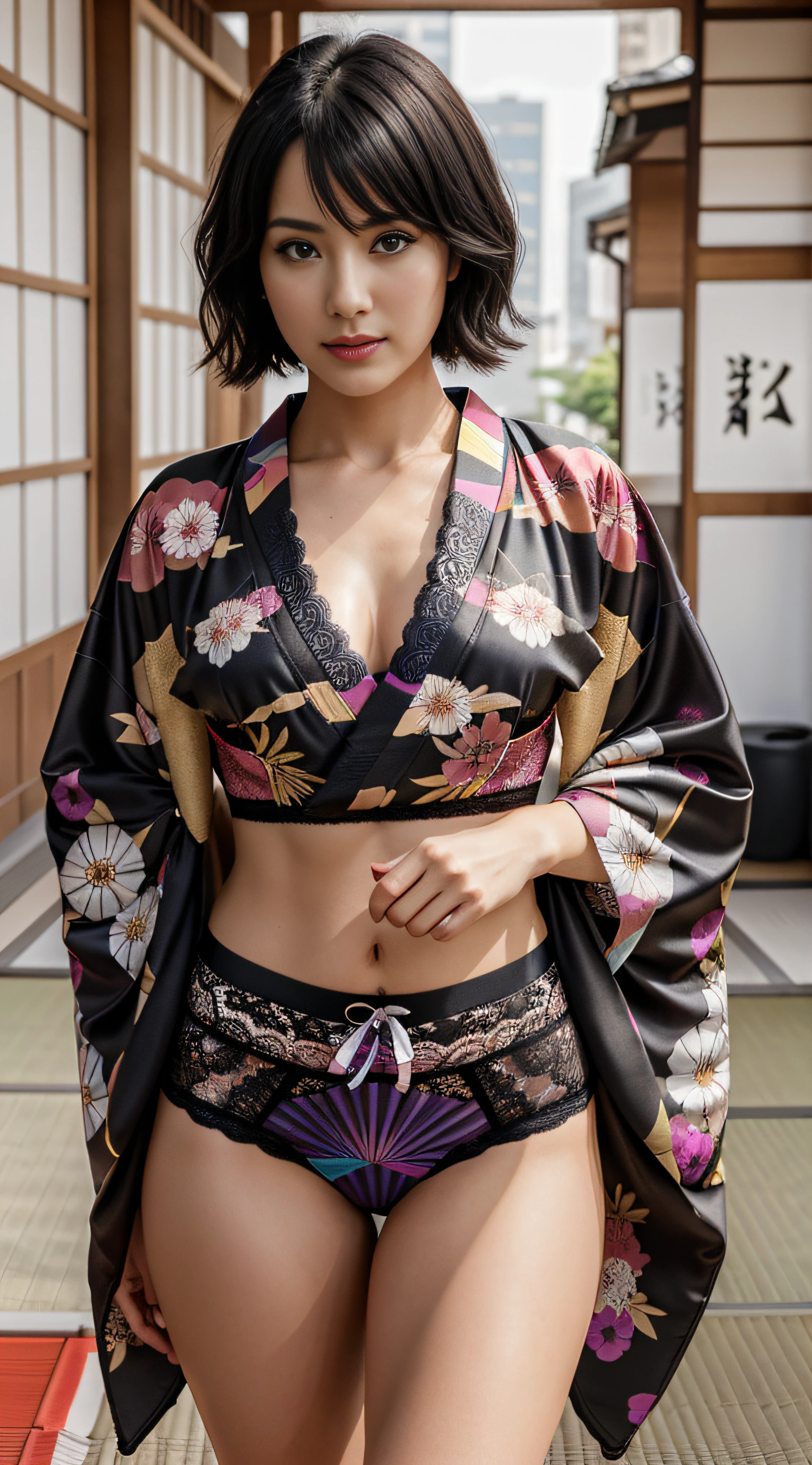 Mature Woman, 30 years old, Black hair,Short hair、Japan Woman, Full body in the photo, multiple views, zoomout, Serious, Beautiful, Cool, Realistic hair, Black eyes, Inconspicuous pose, European Eyes, Medium structure, Medium round buttocks、(Wearing ultra-thin colorful kimono pattern lace underwear:1.4)、(teats)、NSFW, Modern Office, Cover bar, masutepiece, 超A high resolution, (Photorealistic: 1.2), Raw photo, A hyper-realistic, Detailed background, refined, Detailed, Realistic face, Detailed face, Realistic skin, (Raw photo, Best Quality), Extremely detailed, nffsw, unit, amazing, Fine details, lightsmile, Highly detailed ejector 8k wallpaper unit, Huge file size, Ultra-detailed, hight resolution, absurderes, Soft light, Half body, Photos without backgrounds、Posing