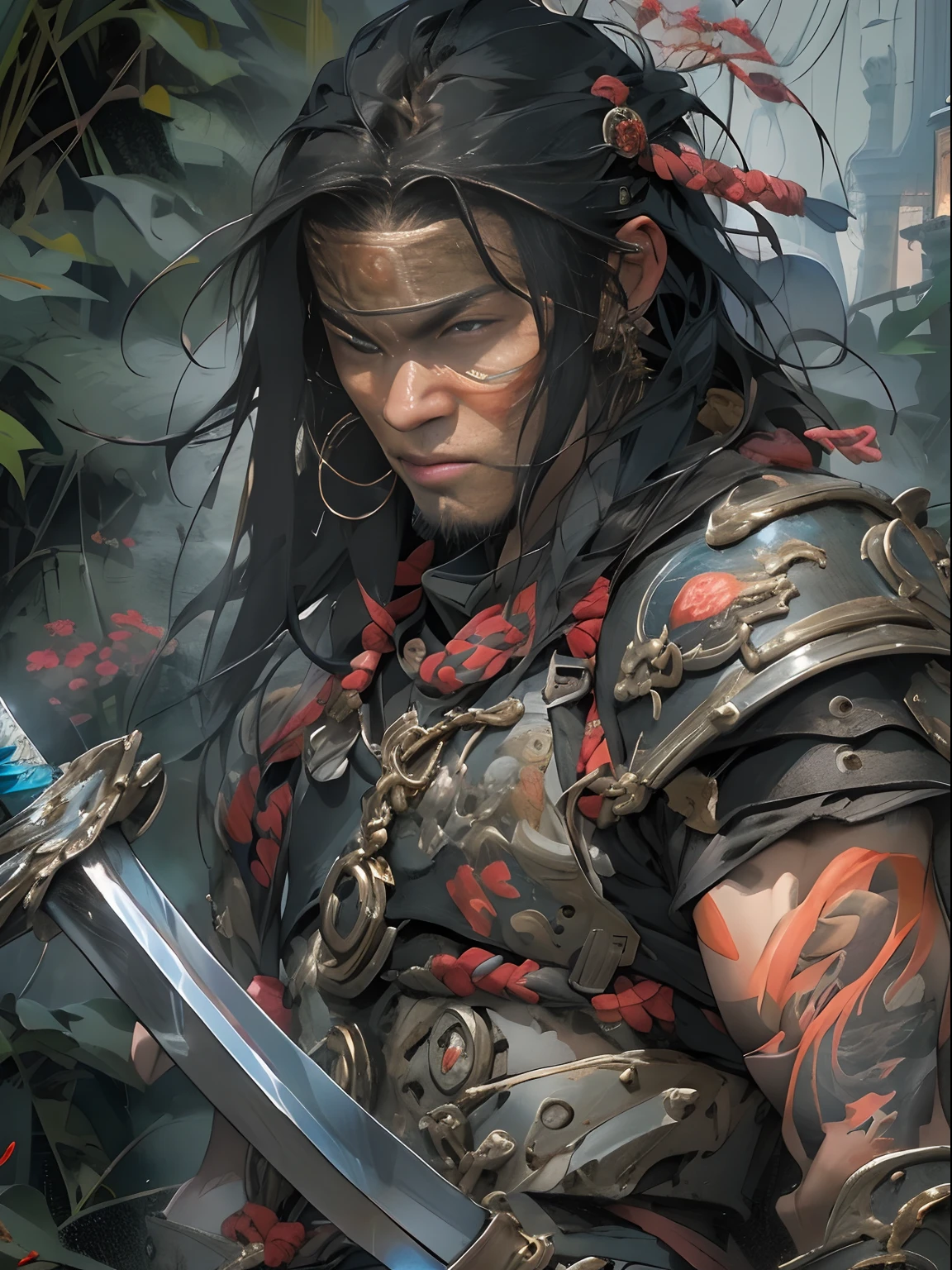 (((mtu))), (((best qualityer))), (((tmasterpiece))), (((AS-Adult))), ((( Japanese ))), Look up from your knees, Handsome Asian samurai,perfect body figure, Modern samurai, ((( Asian))), Wear gloves on your hands,The left arm is made of steel and metal tips,Made of protective devices, The eyes are pulled, (( Appears below the chest )), (( Small dental floss )), Simon Bisley, Almost naked(Simon Bisley)Castle City Wilderness,For high-resolution posters, hair straight, Minimum clothing, armure (Crazy clothes ), Full of tips and rivets, tribal tattoos, (((full bodyesbian))), Straight brunette hair,Colored hair ends