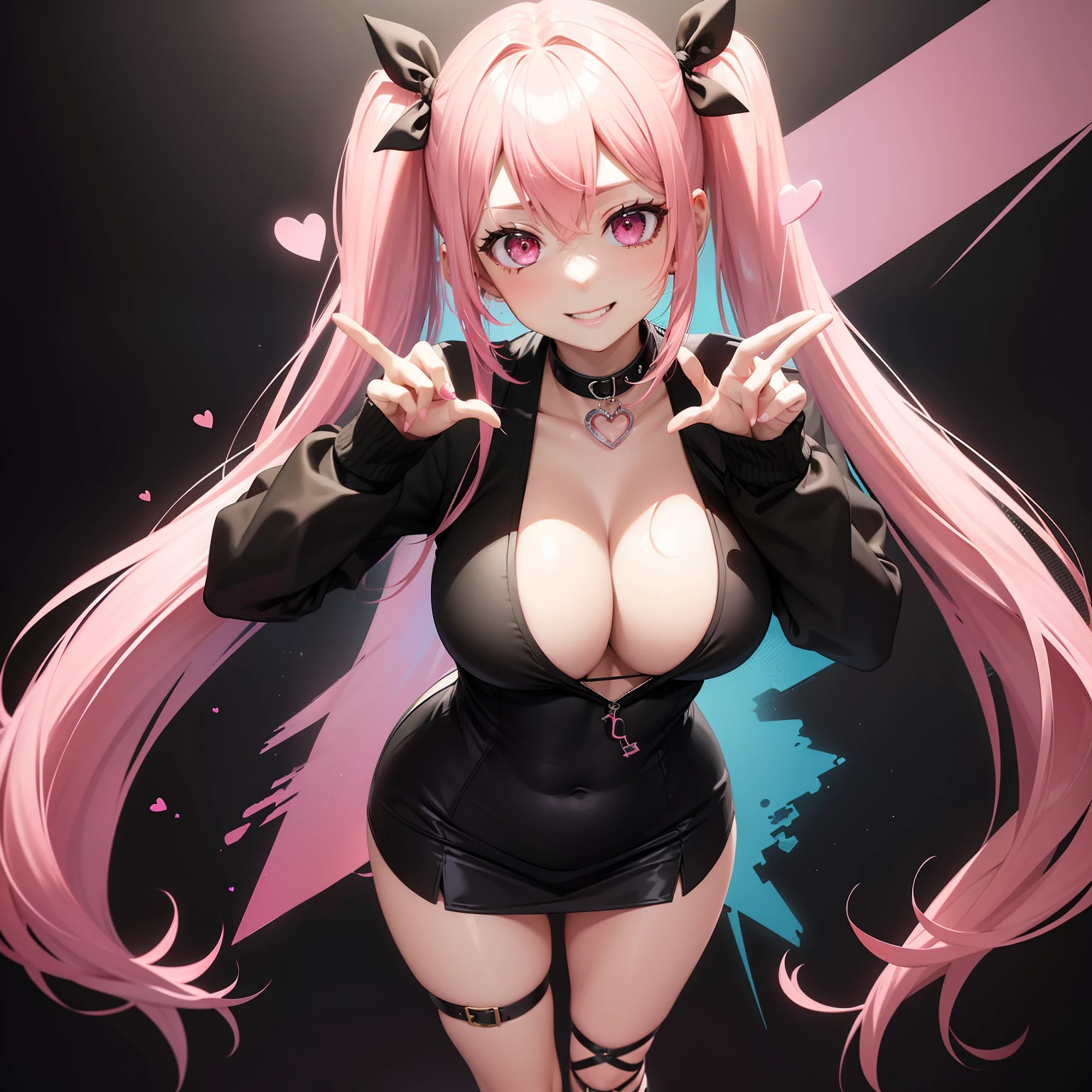 full body Esbian, masutepiece: 1.2, Highest Quality), (Live-action, elaborate details), (1 Lady, Solo, Upper body,) Clothing: Edgy, Black long jumper, pink miniskirt, long hair with pink twin tails,,,、Avant-garde, Experimental appearance: Long pink twin tail hair 、Heart-shaped choker、The location: karaoke、Solo, Nice smile、Value Creation in Mixed Media Art: individuality, authenticity, Creative expression