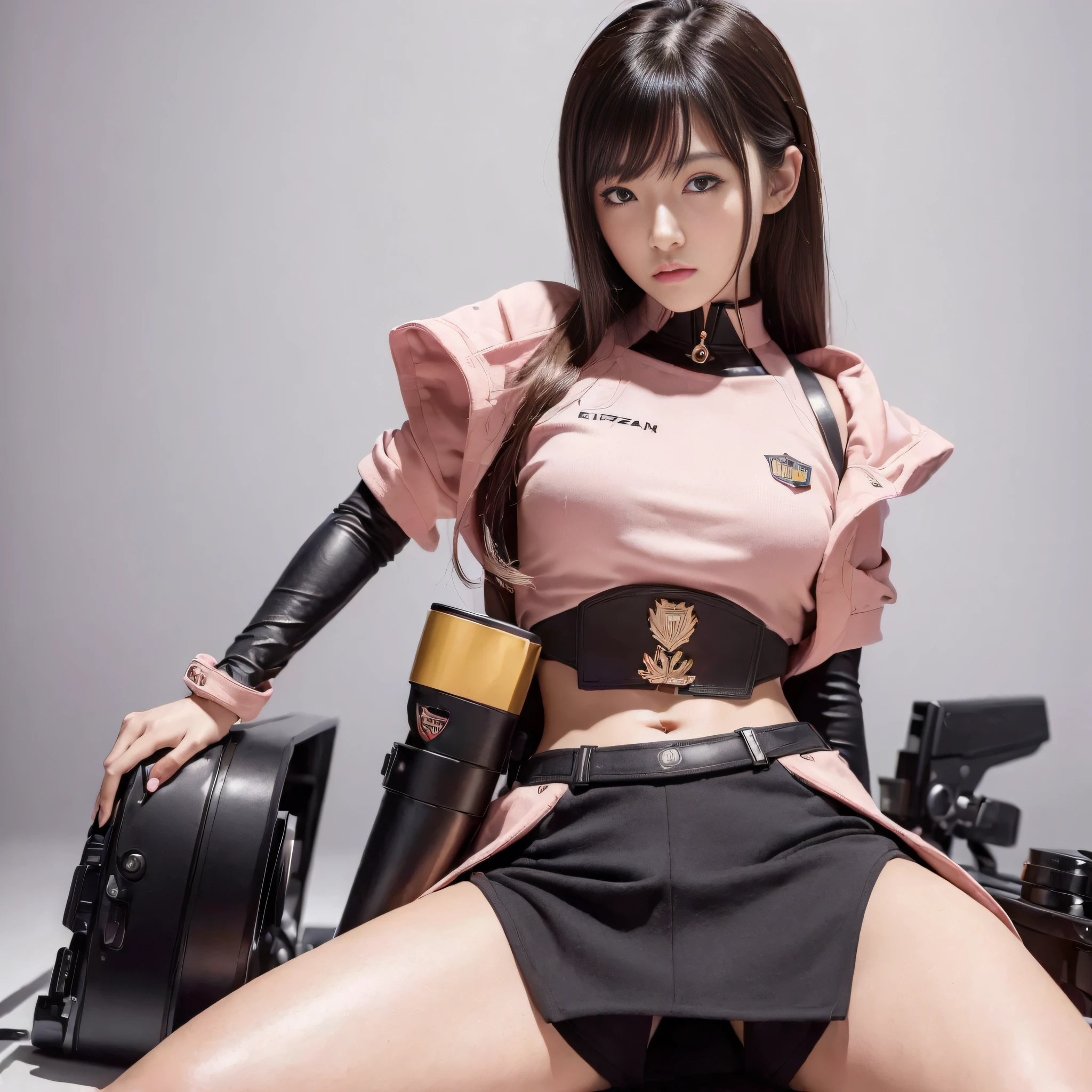 (masterpiece, best quality:1.3), (16k, highres:1.3), 1girl, model, , dynamic pose, dynamic angle, black eyes, serious, swept bangs, Cute and very beautiful Korean female idol, detailed black hair, short hair, sauvage hair, pink mecha armor, gundamgirl style, sazabi,