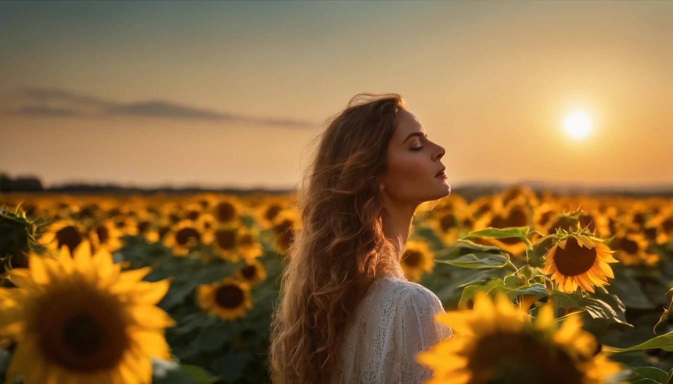 best quality,master part,ultra high-resolution,fotorrealista,Foto RAW,Unity 8k papel de parede, panorama, Cinematic lighting, In the garden of sunflowers, Sunset, luz solar fraca, golden hour lighting, Backlighting, blurry background, (Reflexo da lente), vento, pastels colors, luz suave, 1girl,Michele Pfeiffer, cabelo curto flutuante, triste,parte superior do corpo