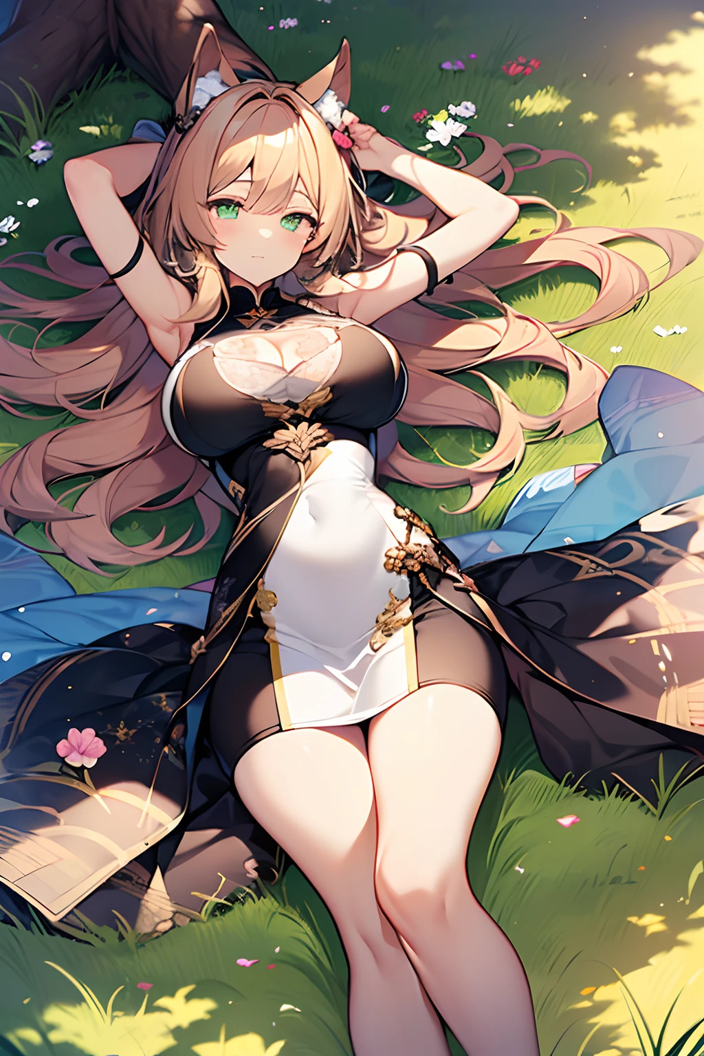 1girll,(Full body picture),Majesty,((Golden hair)),(((lying on the grass ground))),ln the forest,Larger lawn、wildflowers、Serious expression,Arms hang naturally at your sides,white clothes,Expose the whole body,Gold lace,Coiled hair,huge tit,Green eyes,Solitude,full bodyesbian,(超高分辨率),(Ultra-high sharpness),tmasterpiece,品质最佳,