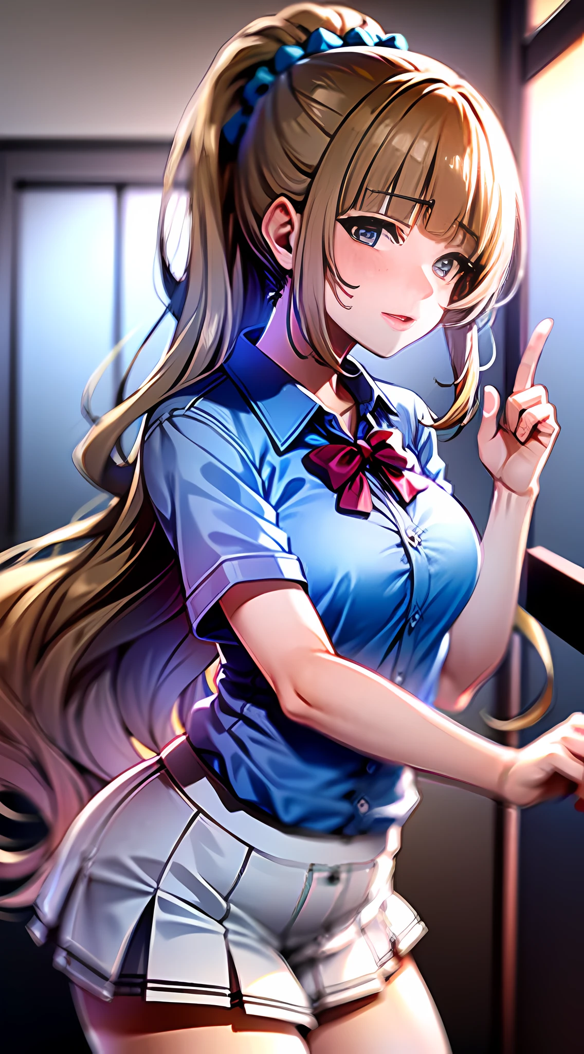 Masterpiece, best quality, high resolution, 1woman, kei karuizawa, blue shirt, white skirt standup, upper body