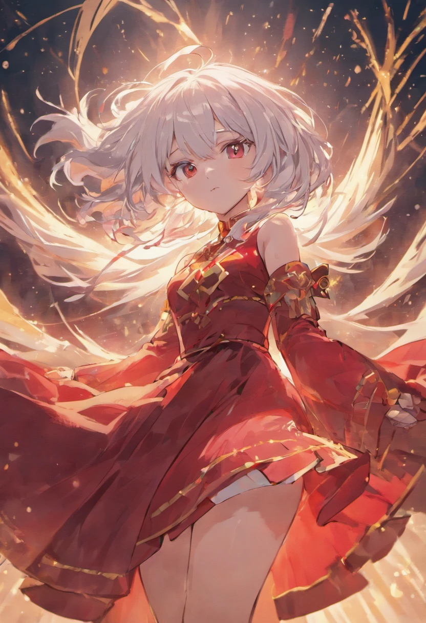 an anime girl, white hair, red dress