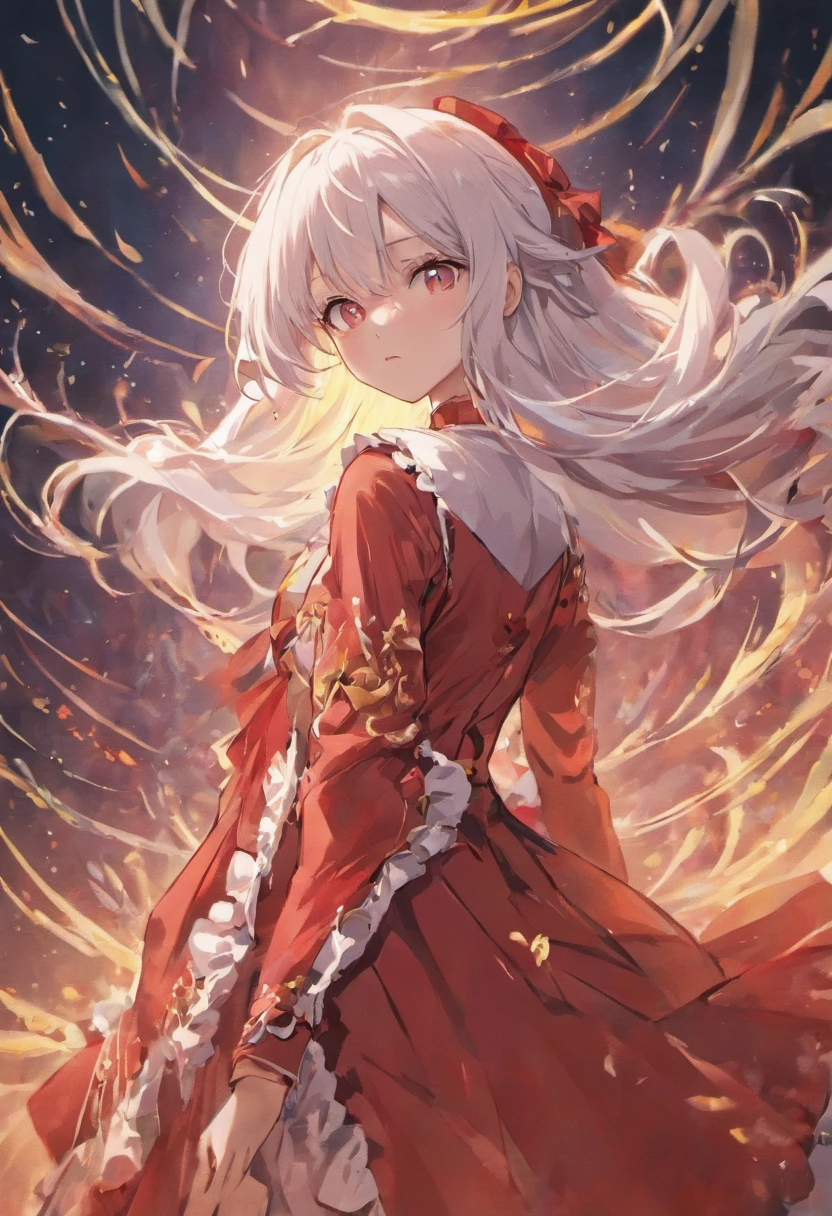 an anime girl, white hair, red dress