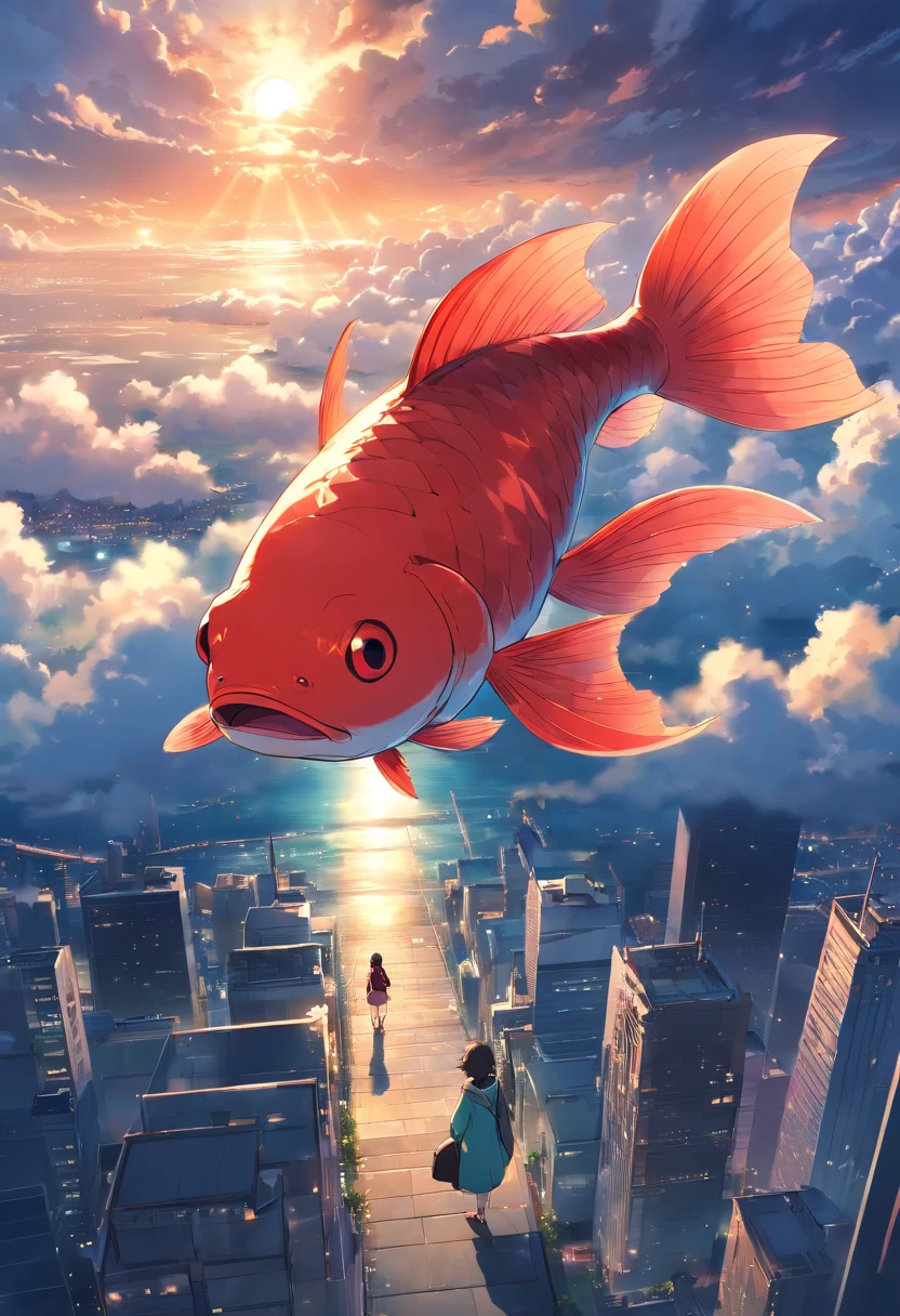 1 huge fish,variation,red - eyed,Floating in the sky,Overlooking the city,((Clouds)),The end of the world,terrifed,cinematic ligh,Photo,