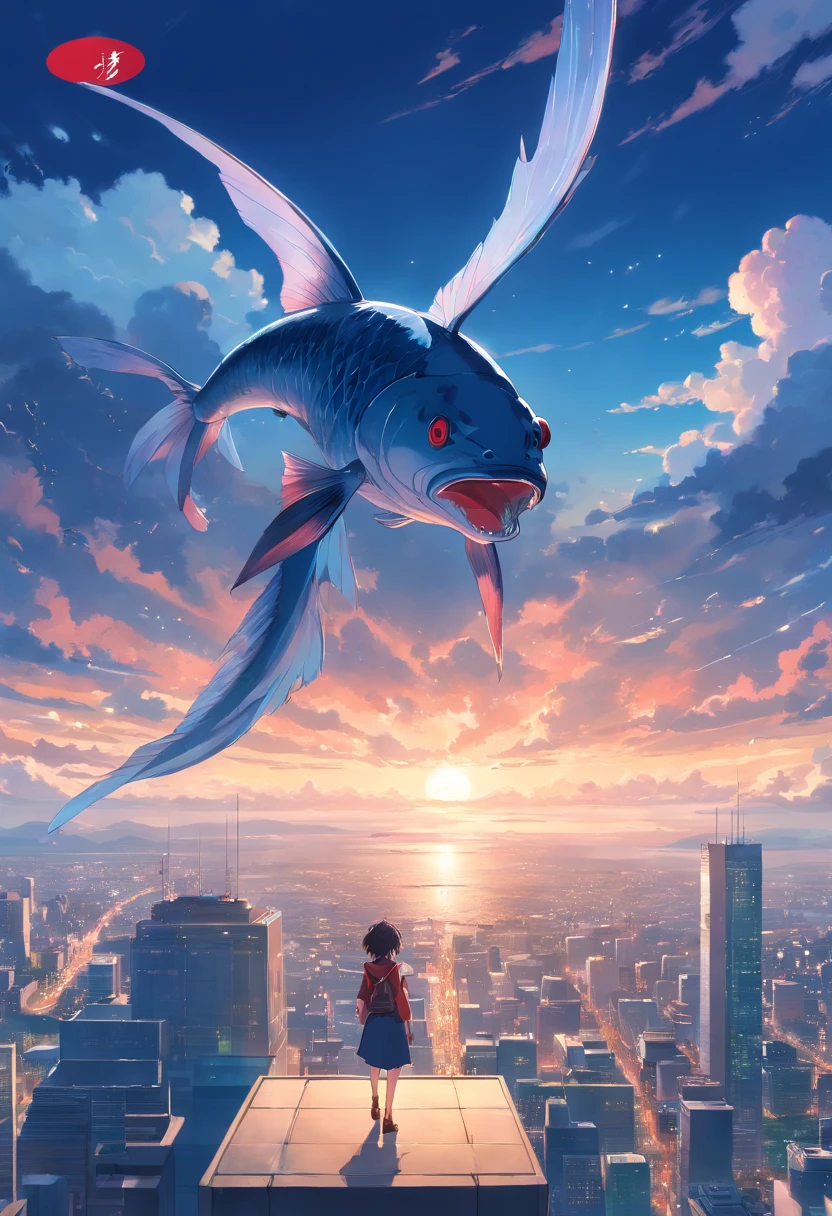 1 huge fish,variation,red - eyed,Floating in the sky,Overlooking the city,((Clouds)),The end of the world,terrifed,cinematic ligh,Photo,