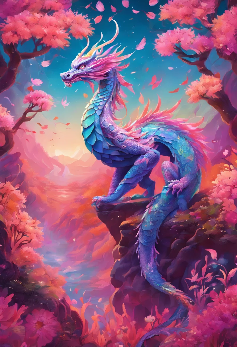 Best Quality, masterpiece, (ground:1.5), Cute gradient Asian dragon, Iridescent bird with kind eyes, florals, ground, landscapes, plant, isometric, beautiful concept art