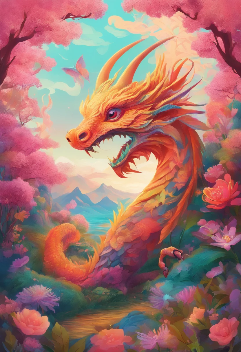 Best Quality, ​masterpiece, (ground:1.5), Cute gradient Asian dragon, Iridescent bird with kind eyes, florals, ground, landscapes, plant, isometric, beautiful concept art