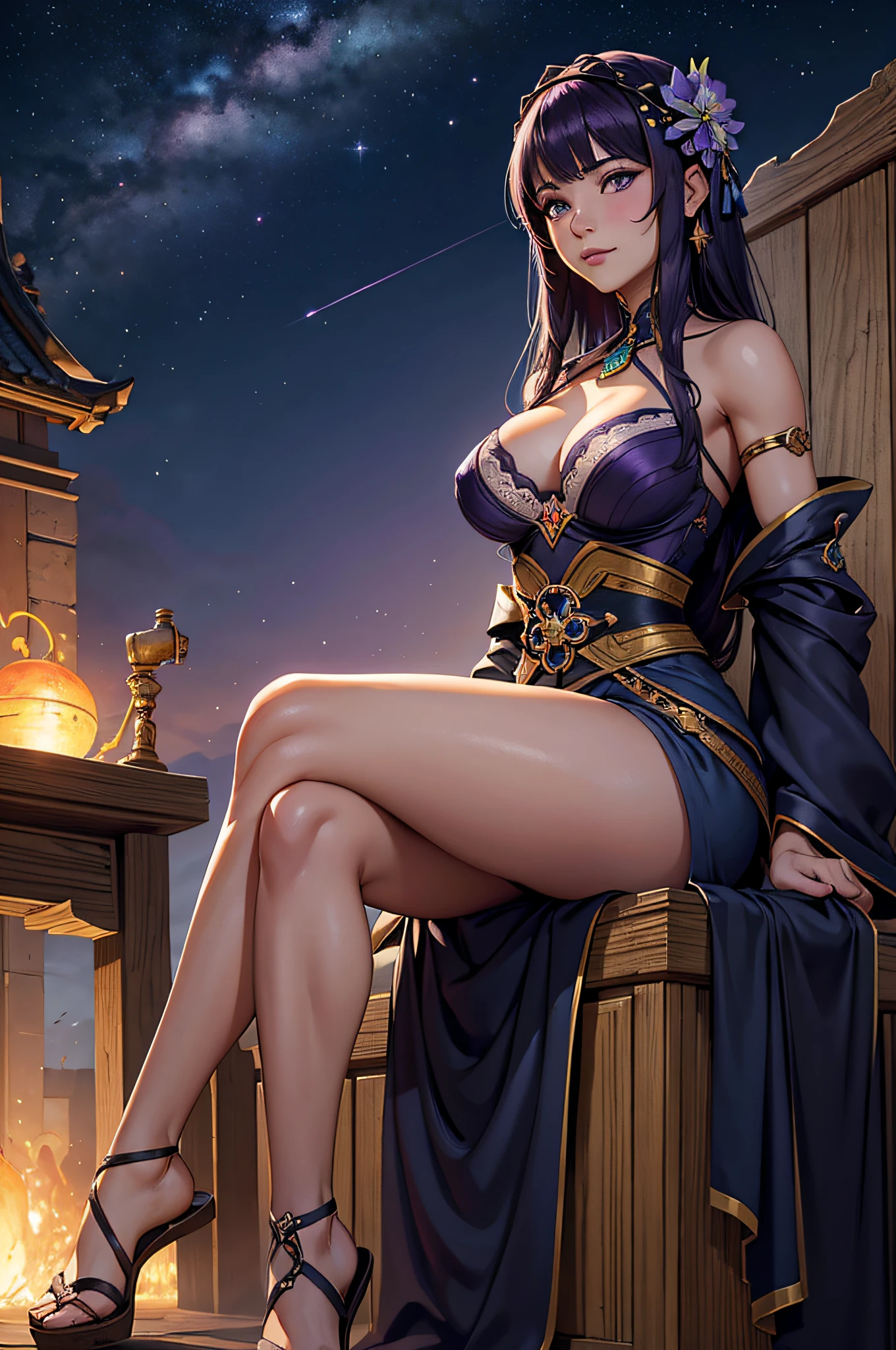 best quality, ultra high-resolution, high resolution, 8K resolution, papel de parede, (master part:1.3), ..3d, (Realistic, foto realista:1.3), cowboy shot, em um parque, uma jovem mulher bonita japonesa, sozinho, extremamente detalhado bonito rosto e olhos, coxas e calcinhas lisas extremamente detalhadas, roupas detalhadas, cara bonito, elegante, gentil, (Limpo e limpo), (corar:1.1), (Embarrassed expression:1.1), Shy and weak smile, puffy lips, (seios pequenos e perky:1.3), pele clara e clara, figura jovem e feminina, usando mini saia jeans, camisetas justas, calcinha branca sexy, sandals, sentado em um banco, joelhos fechados, Olhando para o Viewer, Visualizador voltado, panties are shown between the thighs, (tiro de frente para baixo), foto em close-up((melhor qualidade)), ((obra-prima)), (altamente detalhado:1.3), ..3d, In a distant future where the boundaries between science fiction and fantasy have dissolved, The world is a tapestry of awe-inspiring wonders. Entre em um universo onde magia e tecnologia coexistem em harmonia, shaping the fate of civilizations across vast expanses of space. At the heart of this realm is the Celestial Nexus, An intergalactic center of mystical energies and technological wonders. Aqui, Arcane knowledge intertwines with cutting-edge science, giving rise to a society where spaceships are imbued with the power of ancient spells, and technology is augmented by the mystical arts. Embarque em uma grande odisseia como um jovem explorador, destinado a desvendar os segredos do Nexo Celestial. best quality, masterpiece, highres, solo, {raiden_shogun_genshin:1.15}, long_hair, purple_hair, bangs, purple_eyes, mole_under_eye, mole, breasts, hair_ornament, large_breasts, flower, braid, cleavage, hair_flower, blush, very_long_hair