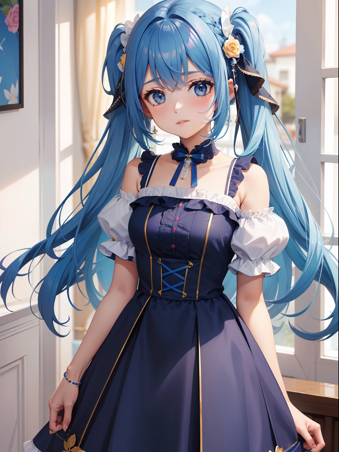 (highest quality, amazing details: 1.25), (masterpiece), good artist, 1girl, (2heads:1.5),smug, naughty, chalk-white skin, solid gold eyes, self-satisfied smile, waist-length aqua blue hair,  figure, a frilly sky blue and cyan dress with a large waist ribbon, a lace-up bodice with a large chest bow, overlong sleeves, and a skirt ornamented with bows, over layers of petticoats, dark cyan tights, and sky-blue lace-up boots with cyan bow ornaments., both heads having same hair color, magical girl