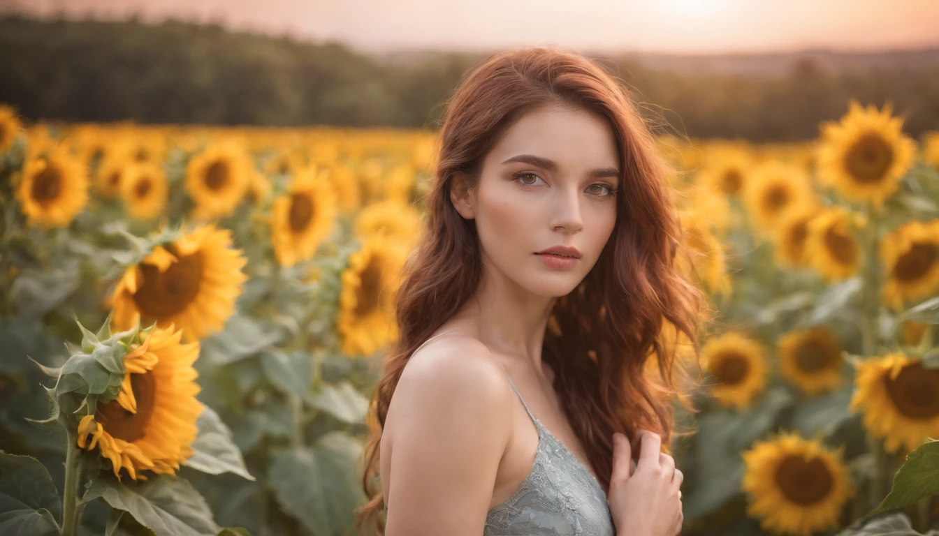 best quality,masutepiece,超A high resolution,fotorrealista,Foto RAW,Unity 8k papel de parede, o panorama, Cinematic lighting, In the garden of sunflowers, Sunset, luz solar fraca, golden hour lighting, Backlighting, blurry background, (Reflexo da lente), vento, pastels colors, luz suave, 1girl em,Cabelo curto flutuante, triste,parte superior do corpo latex latex