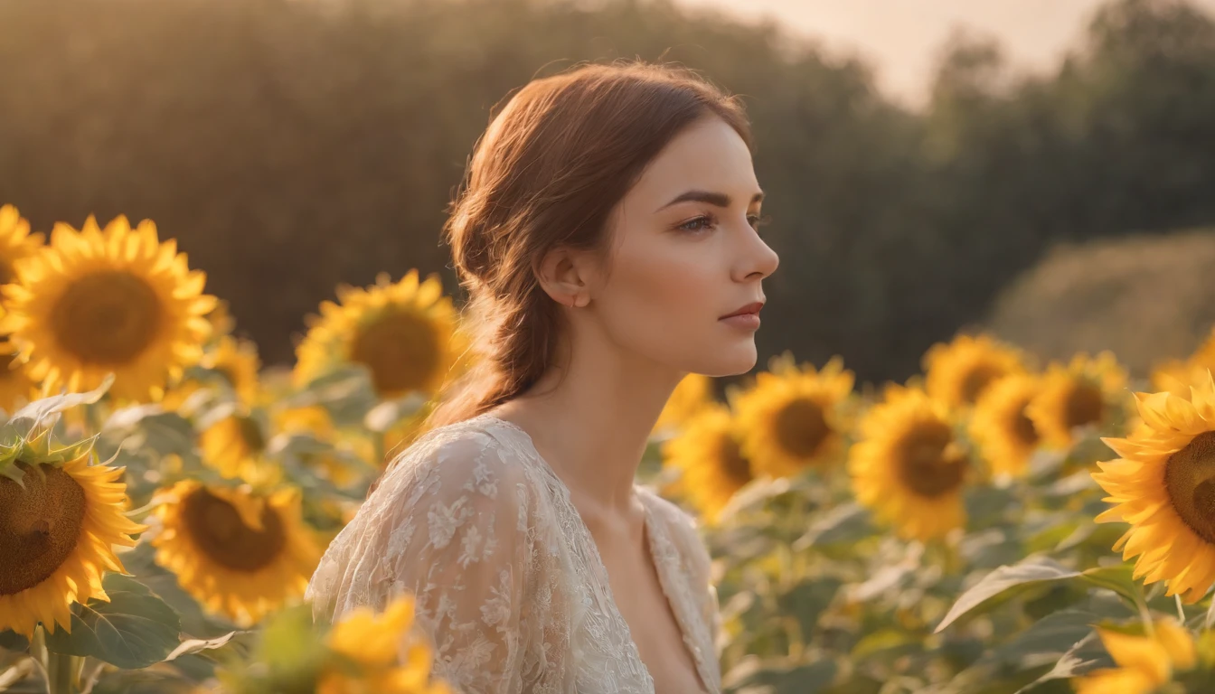 best quality,masutepiece,超A high resolution,fotorrealista,Foto RAW,Unity 8k papel de parede, o panorama, Cinematic lighting, In the garden of sunflowers, Sunset, luz solar fraca, golden hour lighting, Backlighting, blurry background, (Reflexo da lente), vento, pastels colors, luz suave, 1girl em,Cabelo curto flutuante, triste,parte superior do corpo　latex　latex