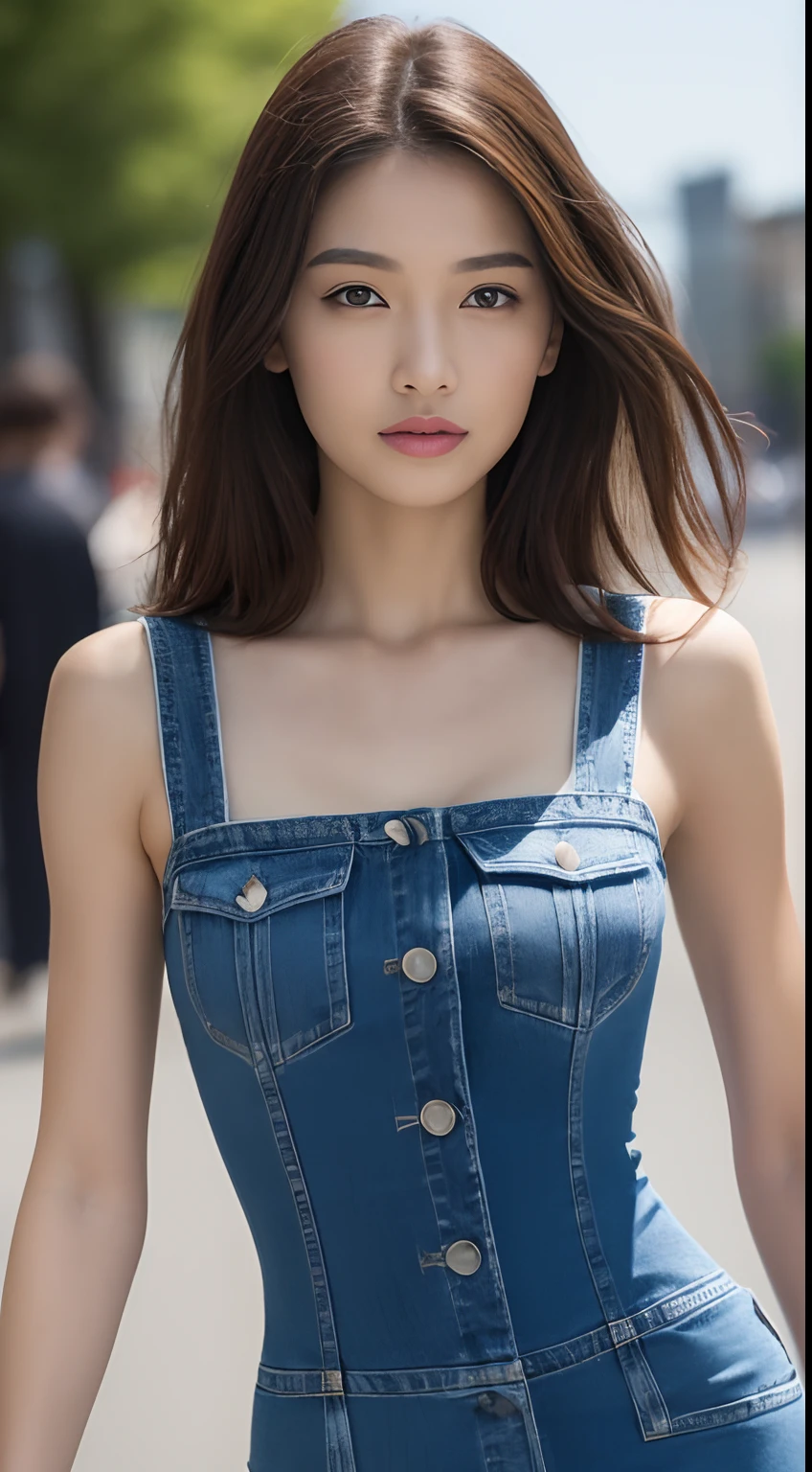 ((Top Quality, 8k, Masterpiece: 1.3)), Crisp Focus: 1.2, Beautiful Women in Perfect Style: 1.4, Slender Abs: 1.2, (Layer Cut, Big: 1.2)), (Front Button Denim Dress: 1.1), (Street: 1.2), Highly Detailed Face and Skin Texture, Detailed Eyes, Double Eyelids