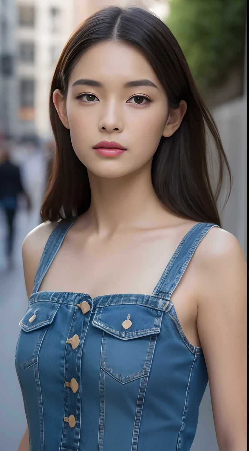 ((Top Quality, 8k, Masterpiece: 1.3)), Crisp Focus: 1.2, Beautiful Women in Perfect Style: 1.4, Slender Abs: 1.2, (Layer Cut, Big: 1.2)), (Front Button Denim Dress: 1.1), (Street: 1.2), Highly Detailed Face and Skin Texture, Detailed Eyes, Double Eyelids