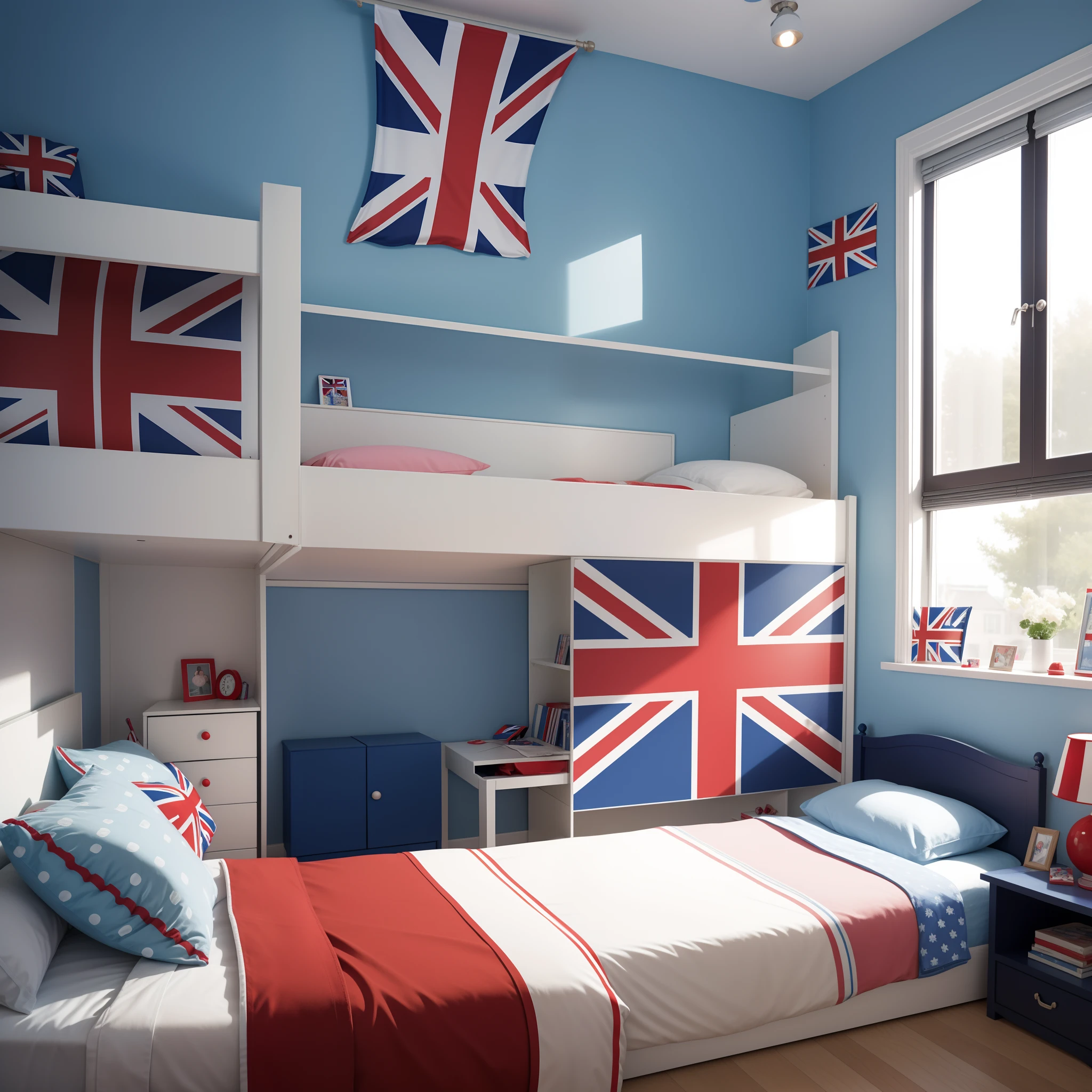 "Decorate the children's bedroom in the style of the British flag and, You are welcome, Use the colors of the British flag: Red, white and blue."