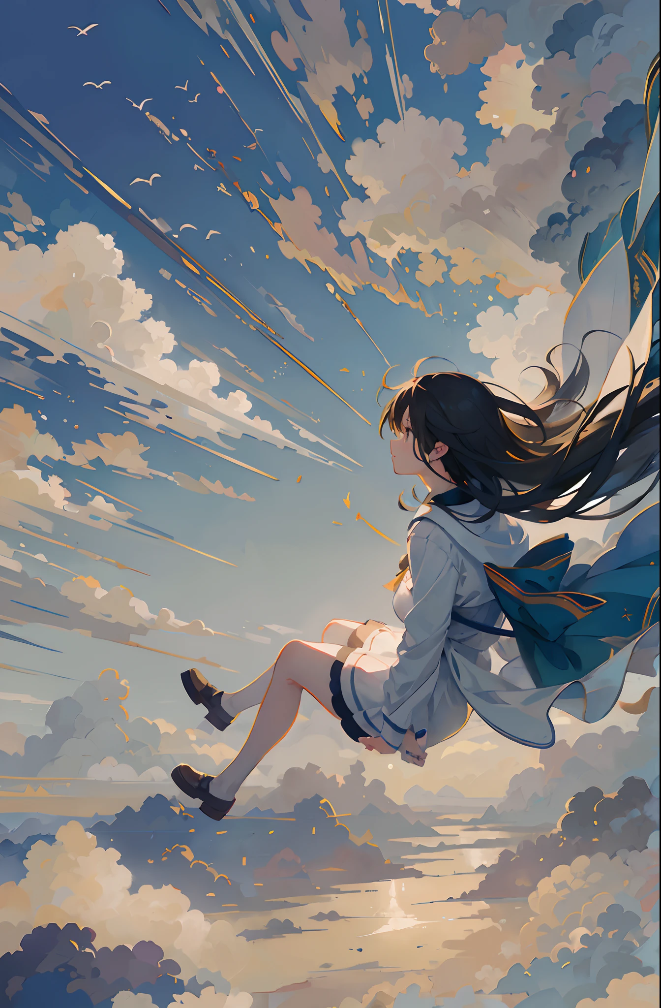 Create exquisite illustrations reminiscent of Makoto Shinkai's style, It has ultra-fine details and top-notch quality. Create an illustration of a girl soaring into the sky with an umbrella as a makeshift parachute. The sky above exudes a mesmerizingly whimsical, Nostalgic and serene atmosphere, As if drawn from a dream. Girl's legs are、Hang above the world below as you glide through the air, Umbrella swaying in the wind. It's a pure moment, Carefree adventure, Where imagination flies, And mediocrity will be extraordinary. This scene is、zora々Capturing the essence of wonder, The magic of flying, Eta、The timeless charm of a whimsical sky