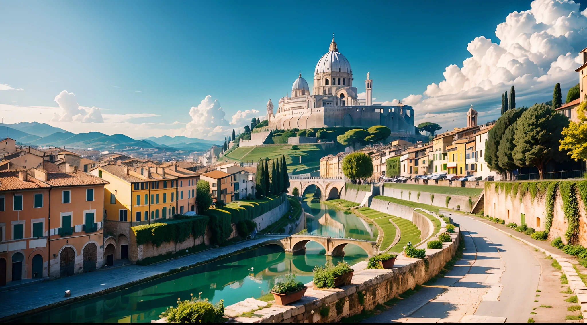 Rome, village in the heart of Italy, next to shrub on hills, inland, little but rich small 22 houses some near some faraway with stone road with 2 watch towers with 1 castle on 1 hill with 3 cathedral situated on shore with rocks in the image, shrub hills in the background, in a basin, with no Eastern style no Chinese Style no Japanese style, Italian building style, Rome elements, religious capital, Centre of the entire christianity world, historical, exterior, Italian building style, 16th century, renaissance, age of exploration