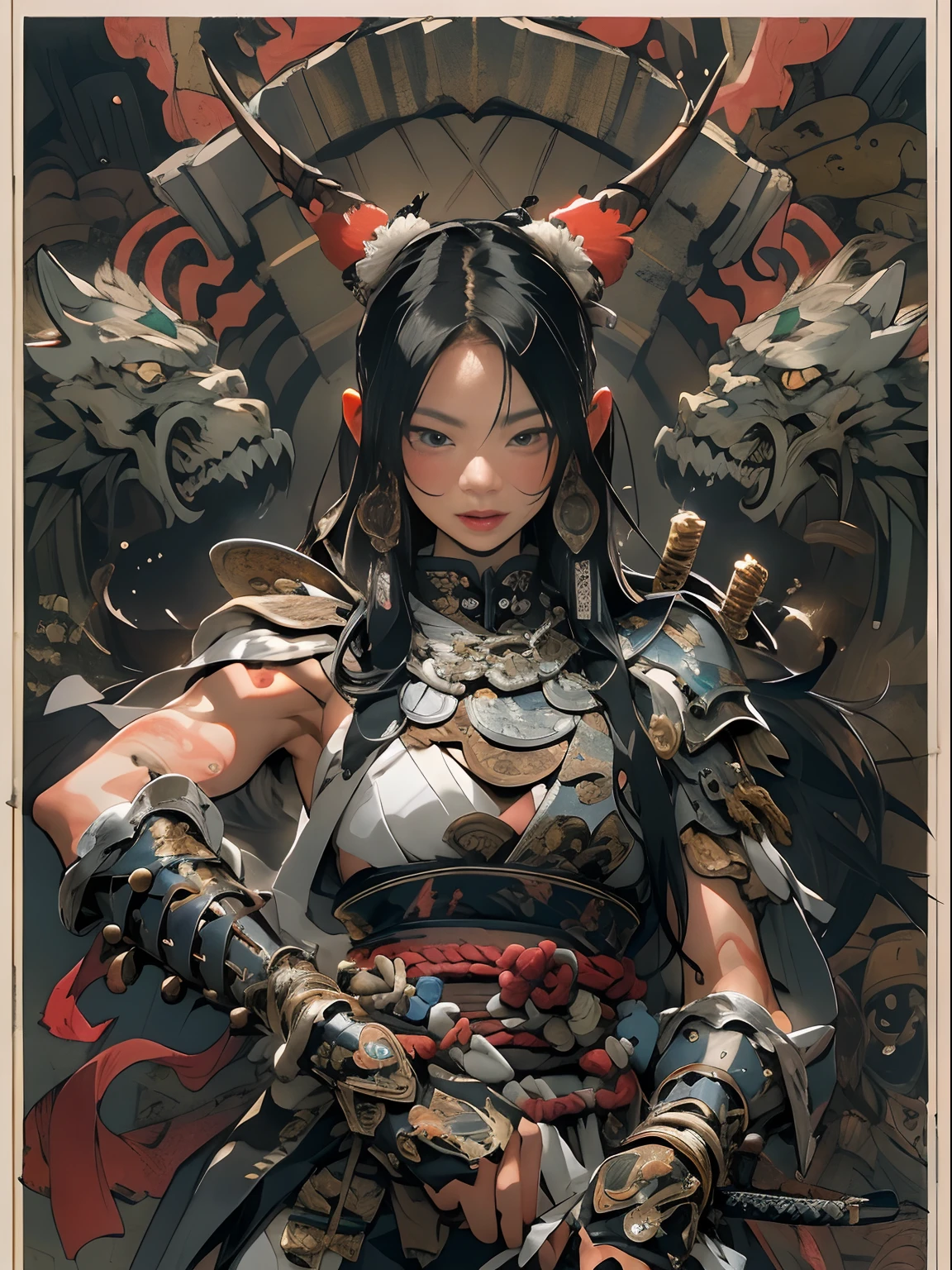 (((woman))), (((best qualityer))), (((tmasterpiece))), (((AS-Adult))), ((( Japanese ))), Look up from your knees, A beautiful asian samurai woman with perfect body, Modern samurai, ((( Asian))), Wear gloves on your hands,The left arm is made of steel and metal tips,Made of protective devices, The eyes are pulled, (( Appears below the breast )), (( Small dental floss )), Simon Bisley, Almost naked(Simon Bisley)Castle City Wilderness,For high-resolution posters, hair straight, Minimum clothing, armure (Crazy clothes ), Full of tips and rivets, tribal tattoos, (((full bodyesbian))), Straight brunette hair,Colored hair ends