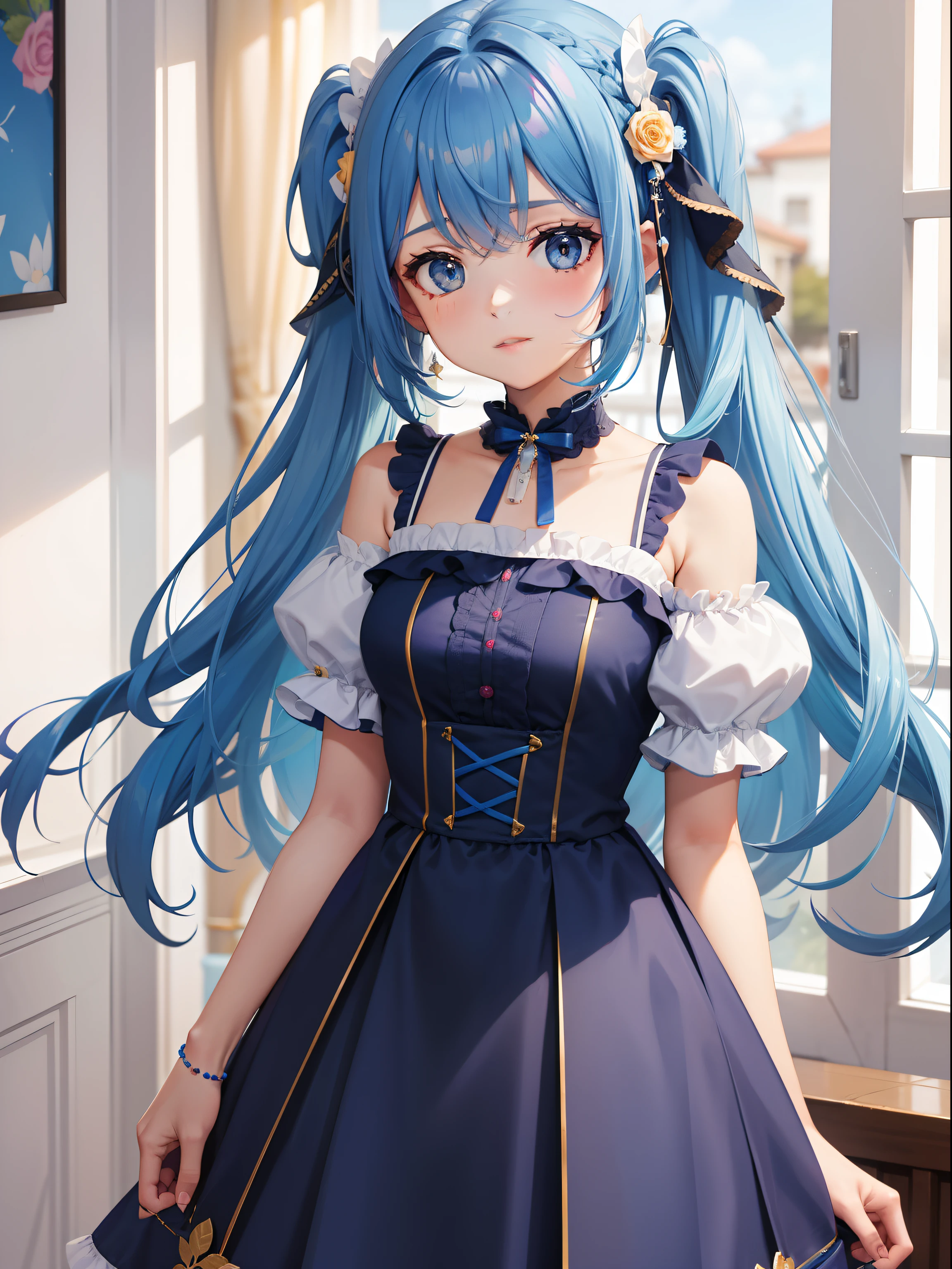 Menina com vestido longo e azul, fundo com rosas azuis, borboletas coloridas voando, cabelo azul longo, na lateral