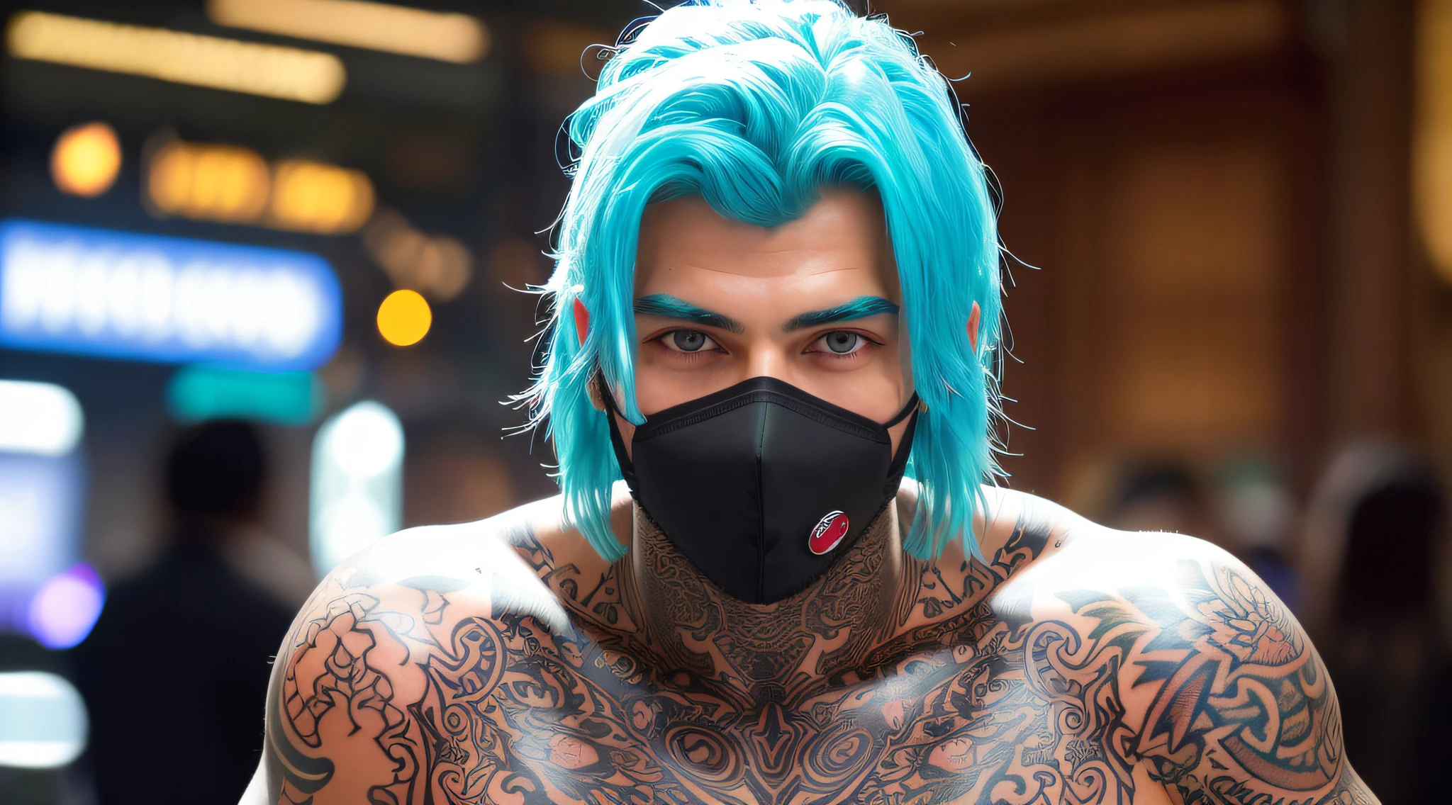 Tattooed man with a mask, 1man, Iris heterochromia-eyed, look into the camera, bank robbery, counting money, neon hair, masterpiece, best quality, highres, UHD, depth of field, 4k, RTX, HDR), hyper realistic, 8k UHD, DSLR, high quality, Cinematic light, Amazing, ray trace, realistic, photo-realistic, finely detailed eyes, finely detailed face, finely quality eyes, 8k, RAW photo,