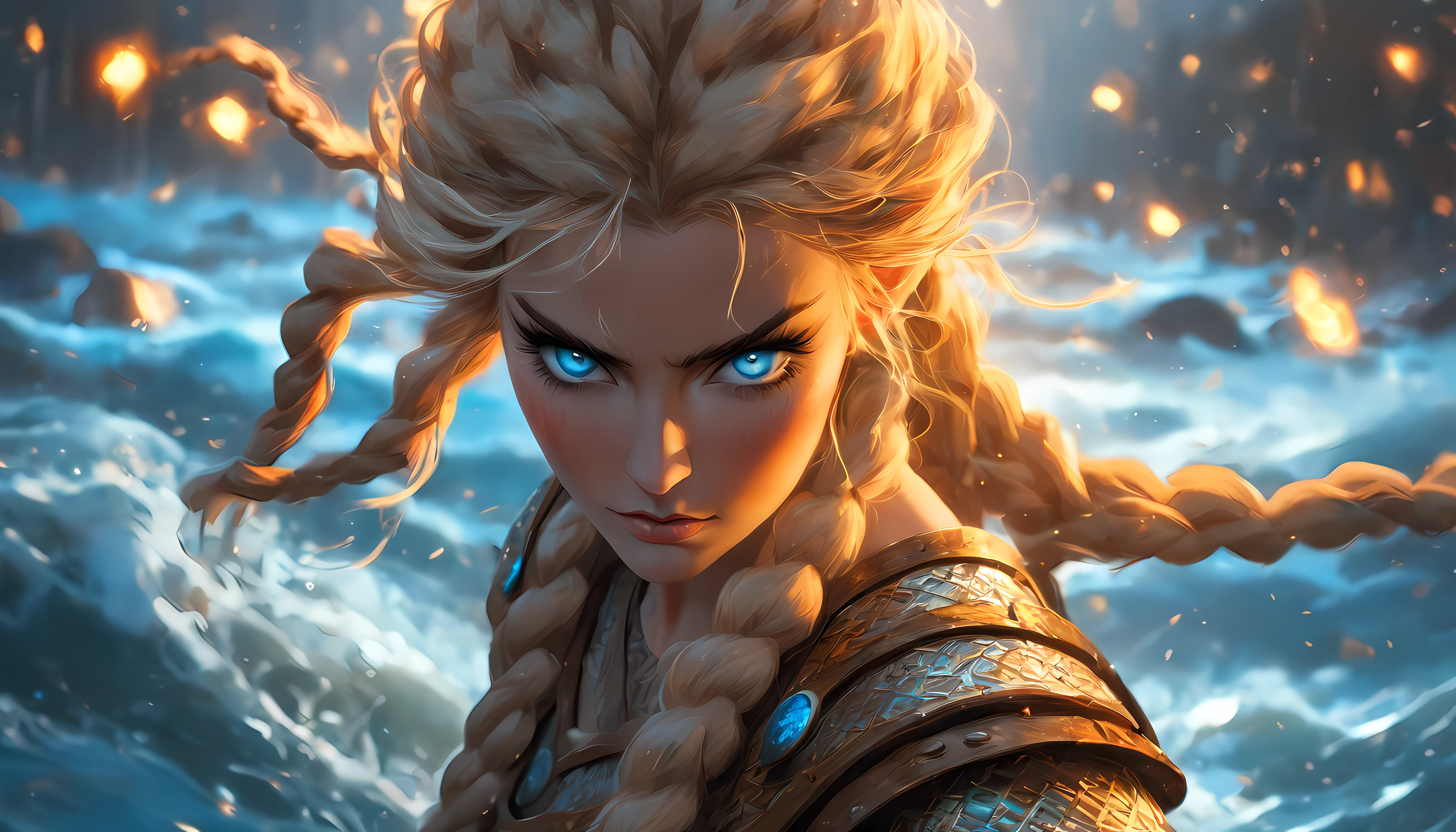 (best quality,highest,ultra-detailed:1.2)
beautiful viking lady, armor erotica with golden frills, long braided hair, blue glowing eyes, angry face, in battle, battle in the river, sunlight, light particles, dead bodies in the river, style of Tyler Shields
“style of Craig Mullins