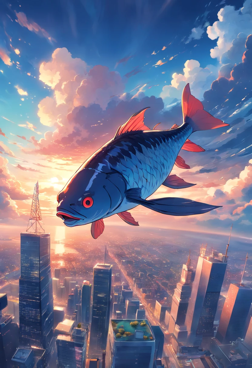 1 huge fish,variation,red - eyed,Floating in the sky,Overlooking the city,((Clouds))，The end of the world，terrifed，cinematic ligh，Photo,