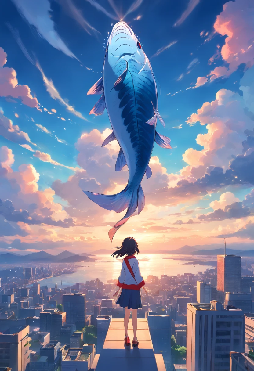 1 huge fish,variation,red - eyed,Floating in the sky,Overlooking the city,((Clouds)),The end of the world,terrifed,cinematic ligh,Photo,