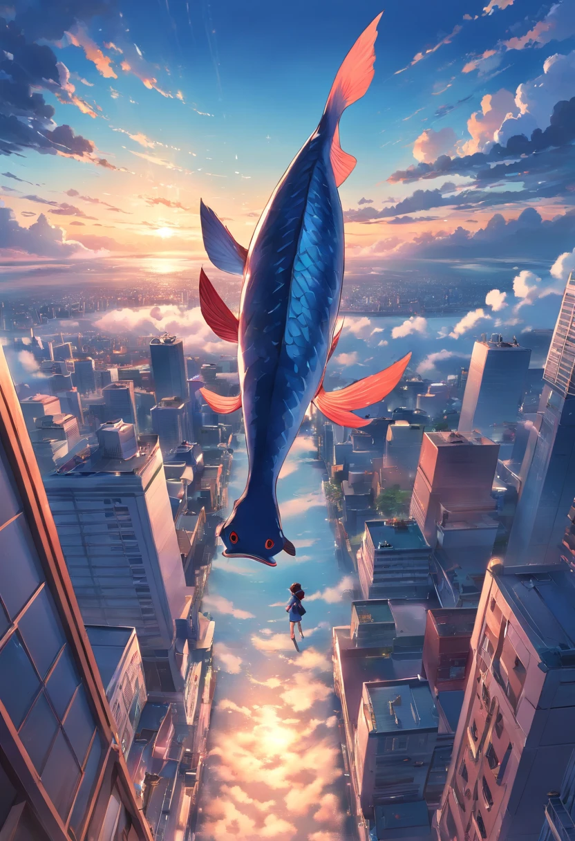 1 huge fish,variation,red - eyed,Floating in the sky,Overlooking the city,((Clouds))，The end of the world，terrifed，cinematic ligh，Photo,