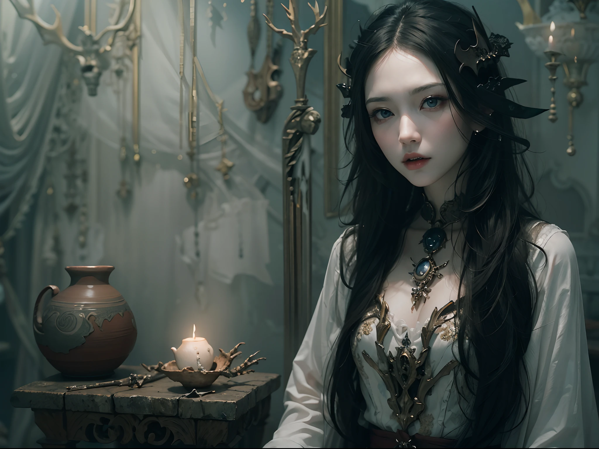 Krenz Kchart Style, ((Beautiful vampire woman glaring at me with cold gaze with single eyelids)), ((Works of WLOP、Works by Agnes Cecil : 1.7)), Vampire Princess、Traditional beauty, long braided hairstyle, Wide background of gothic horror, solitude、Beautiful fece、Vampire Princess、(Room made of pottery and bone:1.4)、Rays from Heaven、strong contrasts、Foggy space、(Delicate Photos : 2.0), masuter piece, awardwinning, Cinematic scene,Spirits and Rituals、 Enchanted World、High-definition photos、