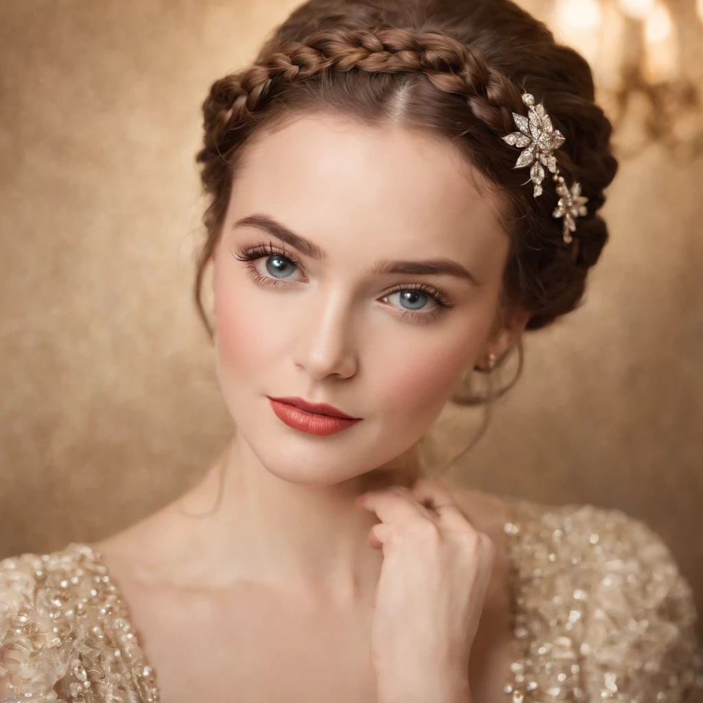 mulher com longo, exuberant braids, reminiscent of the glamorous stars of a bygone era. His mesmerizing eyes hold the essence of classic Hollywood allure, e seu sorriso cativante incorpora o charme atemporal da beleza vintage. She's posing gracefully for a photo, embodying the elegance and sophistication of a long past golden age. It's a scene straight from a vintage movie poster, evoking the nostalgia and allure of a bygone era.
