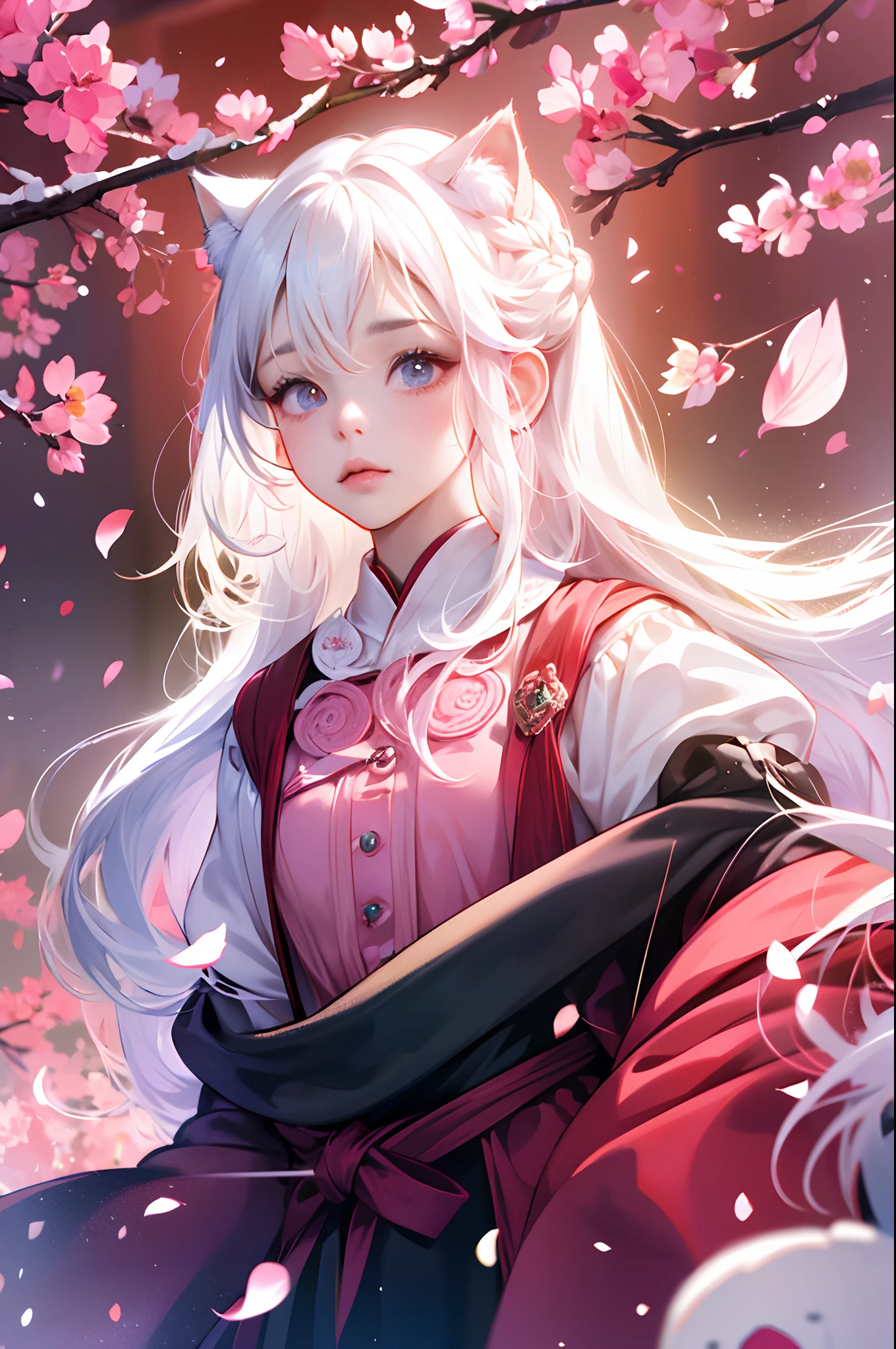 one-girl，（Long snow-white hair），（Two cat ears），Pale pink cherry blossom princess dress，Her soft hair was tied into two small braids，Coiled around the back of the head，There is also a hair ornament in the shape of a bow。Her delicate and fair little face was completely exposed，Only a little sparse bangs on the forehead cover it。