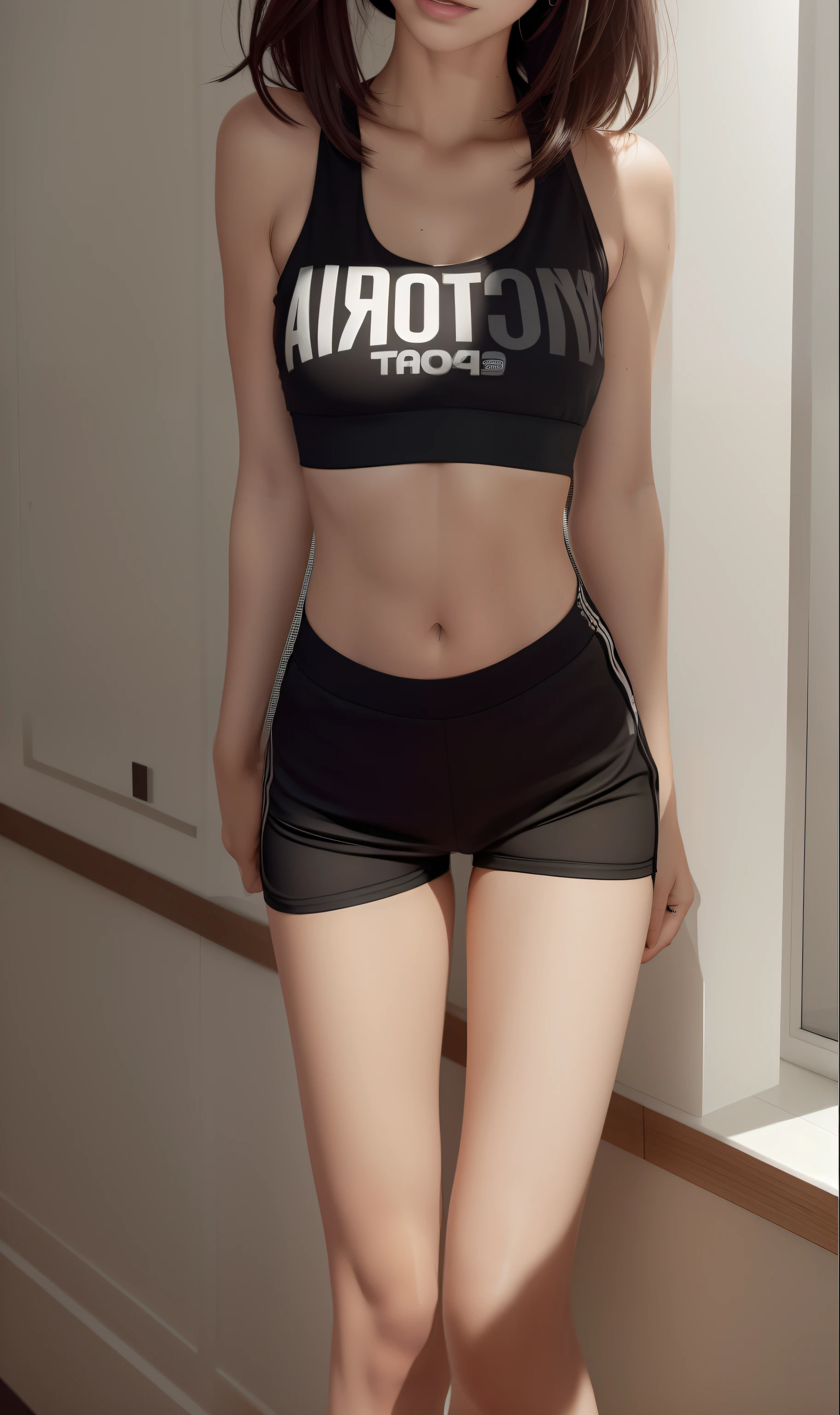 Close-up of a man in a black top and shorts, sport bra and shorts, photo of slim girl model, photo of slim girl, tight black tank top and shorts, cute sportswear, Bra and shorts streetwear, Thin waist, photorealistic perfect body, Sporty, Slender waist, extremely high quality scan, smooth white tight clothes suit, ultra high quality model