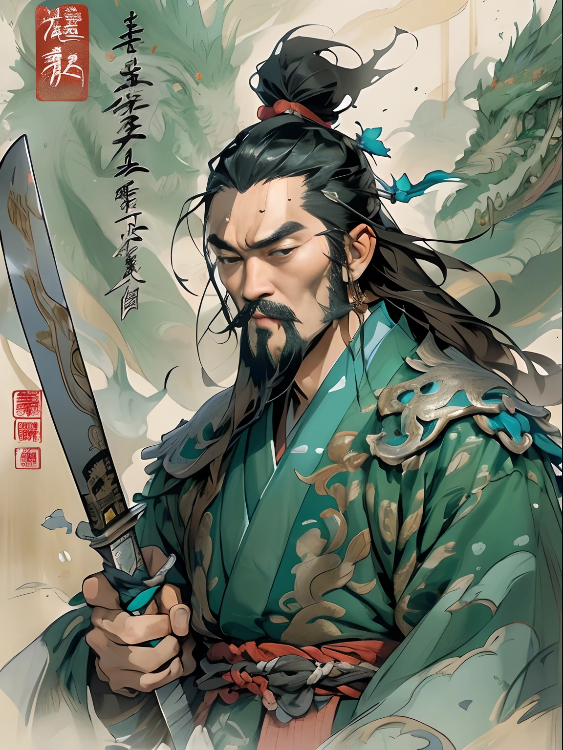 (((China-style，Ink painting method，Half-length portrait，Intense color，Han dynasty, China，Hanfu，Armor，Guan yu，Guan Yunchang，of a guy，Ruddy killing square face，Hold the Blue Dragon Moon Knife in his right hand，Stroke your beard with your left hand，Long hair，petty eyes，Green robe))), (((best qualityer))), (((tmasterpiece))), (((AS-Adult))), ((( Japanese ))), Look up from your knees, Handsome Asian samurai，perfect body figure, Modern samurai, ((( Asian))), Wear gloves on your hands，The left arm is made of steel and metal tips，Made of protective devices, The eyes are pulled, (( Appears below the chest )), (( Small dental floss )), Simon Bisley, Almost naked（Simon Bisley）Castle City Wilderness，For high-resolution posters, hair straight, Minimum clothing, armure (Crazy clothes ), Full of tips and rivets, tribal tattoos, (((full bodyesbian))), Straight brunette hair，Colored hair ends