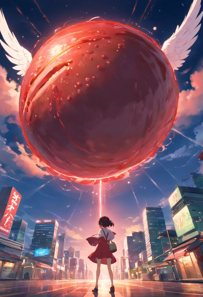 1 large red meat ball,It has huge white wings,((one-eyed)),Hanging in the sky,Look down at the earth,Clouds,the night,The end of the world,terrifed,cinematic ligh,Photo,