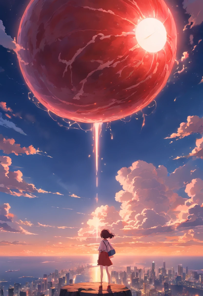 1 large red meat ball,It has huge white wings,((one-eyed)),Hanging in the sky,Look down at the earth,Clouds,the night,The end of the world,terrifed,cinematic ligh,Photo,