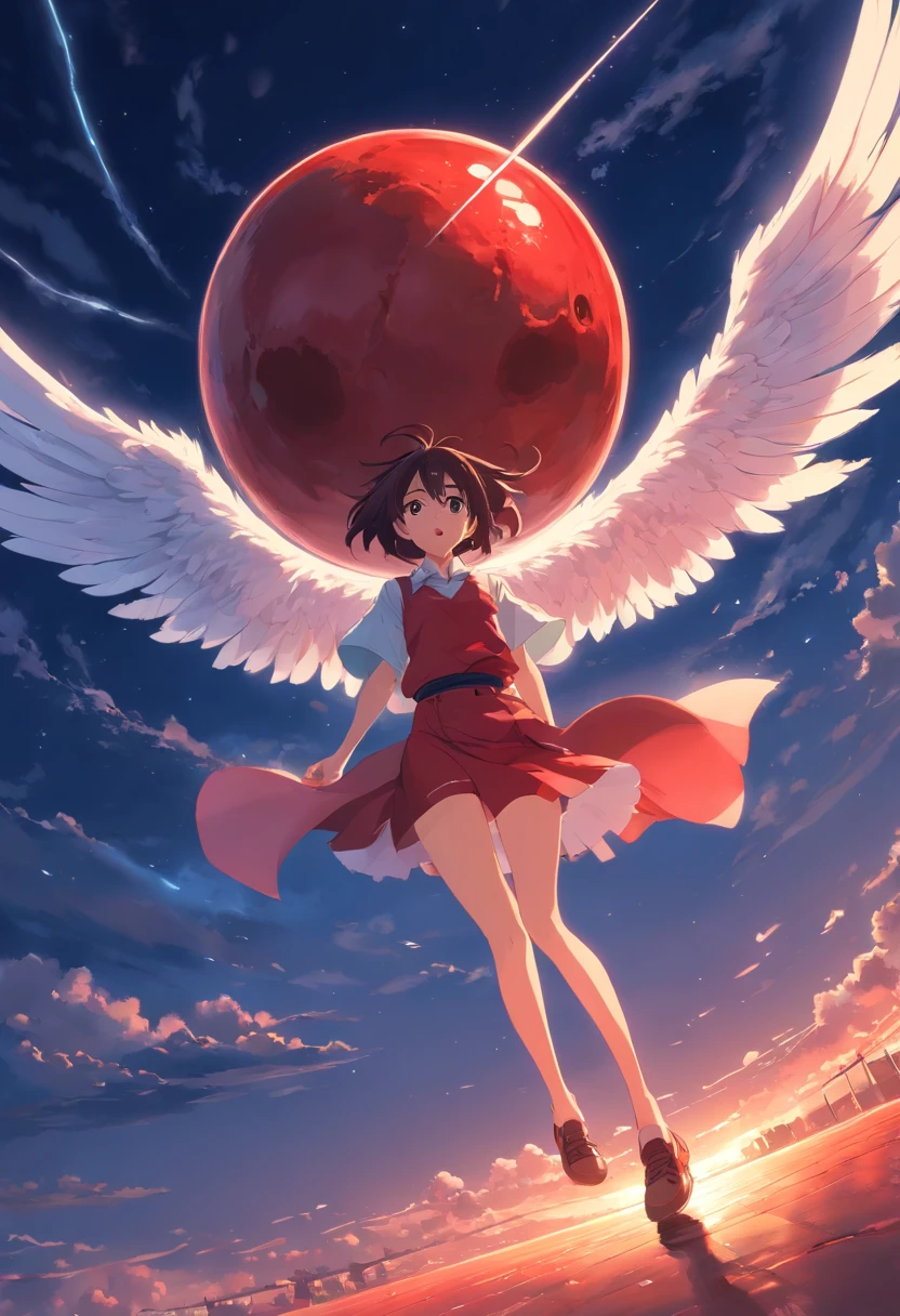 1 large red meat ball,It has huge white wings,((one-eyed)),Hanging in the sky,Look down at the earth,Clouds,the night,The end of the world,terrifed,cinematic ligh,Photo,