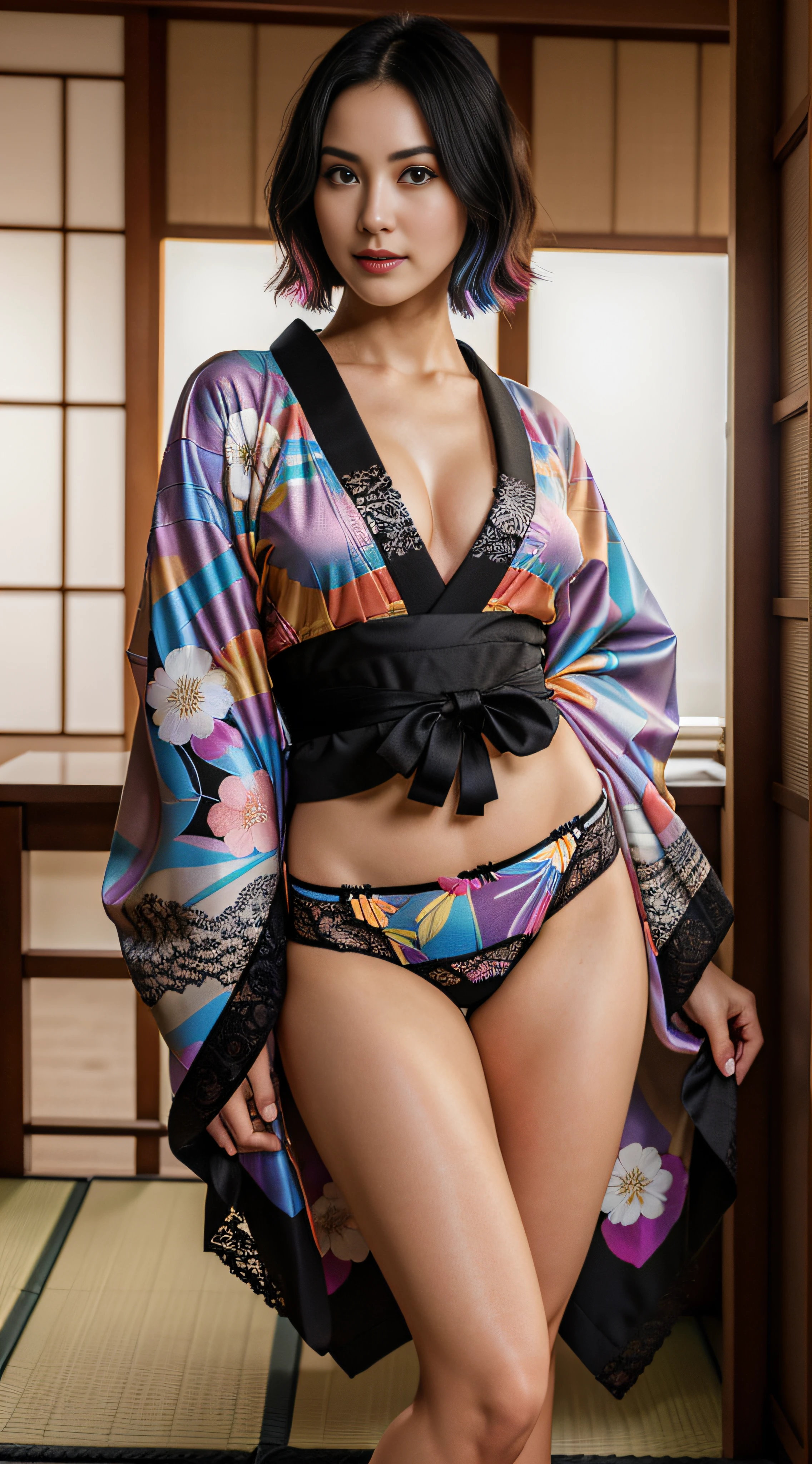 Mature Woman, 30 years old, Black hair,Bob Hare、Japan Woman, Full body in the photo, multiple views, zoomout, Serious, Beautiful, Cool, Realistic hair, Black eyes, Inconspicuous pose, Japan eyes, Medium structure, Medium round buttocks、(Wearing ultra-thin colorful kimono pattern lace underwear:1.4)、(teats)、NSFW, Japanese-style room in the Japan, Cover bar, masutepiece, 超A high resolution, (Photorealistic: 1.2), Raw photo, A hyper-realistic, Detailed background, refined, Detailed, Realistic face, Detailed face, Realistic skin, (Raw photo, Best Quality), Extremely detailed, nffsw, unit, amazing, Fine details, lightsmile, Highly detailed ejector 8k wallpaper unit, Huge file size, Ultra-detailed, hight resolution, absurderes, Soft light, Half body, Photos without backgrounds、Posing