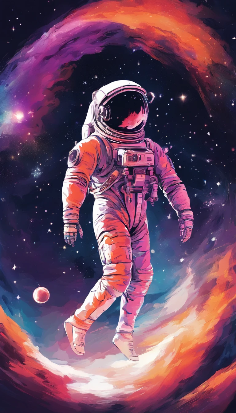 Create a visually striking vector artwork of a lifeless astronaut drifting in the vast expanse of space. Surround the astronaut with mesmerizing cosmic dust, vivid colors, and celestial elements that evoke a sense of mystery and awe. The composition should be dynamic, capturing the fragile beauty of the astronaut's final journey into the unknown. --ar 2:3