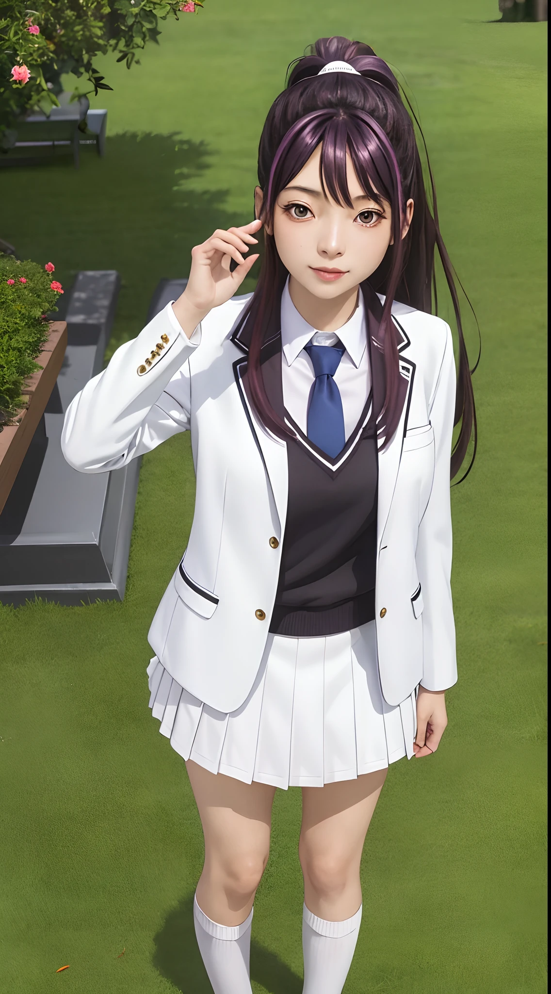 best quality, ((masterpiece)), highly detailed, outdoors,
1girl, kanzaki rin,
looking at the viewer, slight smile,closed mouth, standing,huge breast,
deep purple eyes, dark purple hair, long hair, ponytail, pleated skirt, blue necktie, black socks, white jacket, collared shirt, black shirt, open clothes, white skirt