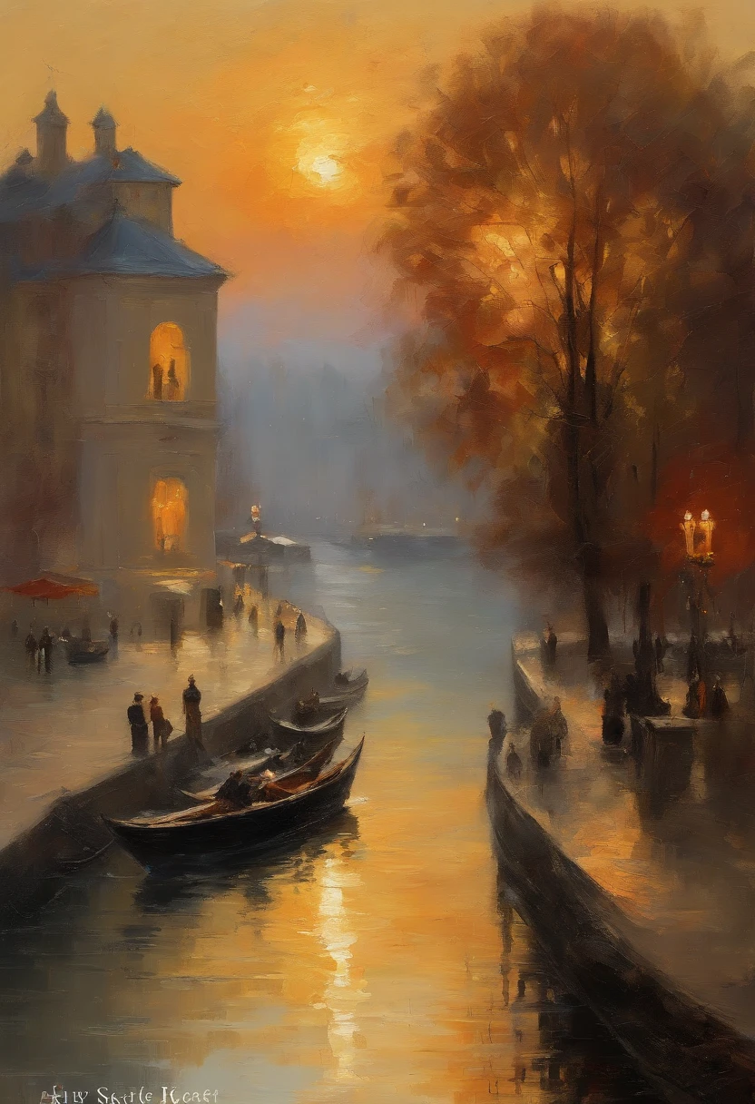 (best quality,4k,8k,highres,masterpiece:1.2),ultra-detailed,(realistic,photorealistic,photo-realistic:1.37),impressionism,Childe Hassam,Ramon Casas,John Atknson Grimshaw,Frederic Remington,red sunlight,scenery,sunset,city,soft brushstrokes,vibrant colors,light and shadow play,romantic atmosphere,tranquil setting,peaceful ambiance,harmonious composition,serene mood,ethereal sky,breathtaking view,dreamy landscape,impressionistic cityscape,playful brushwork,lively atmosphere,rustling tree leaves,majestic architecture,reflection in the calm river,warm glow,twilight colors,magical lighting,golden hour,quiet streets,romantic gazebo,painted with delicate brushstrokes,hazy silhouettes,blurred background,splashes of warm hues,welcoming city streets,illuminated windows,serene waterfront,softly flickering streetlights,tranquil parks,bustling urban life,beautifully captured moments,the charm of city life,awe-inspiring skyscrapers,peaceful boats on the river,spectacular sunset over the city skyline,magical play of colors in the sky,serene reflections on the water,impressionistic interpretation of a city at dusk.