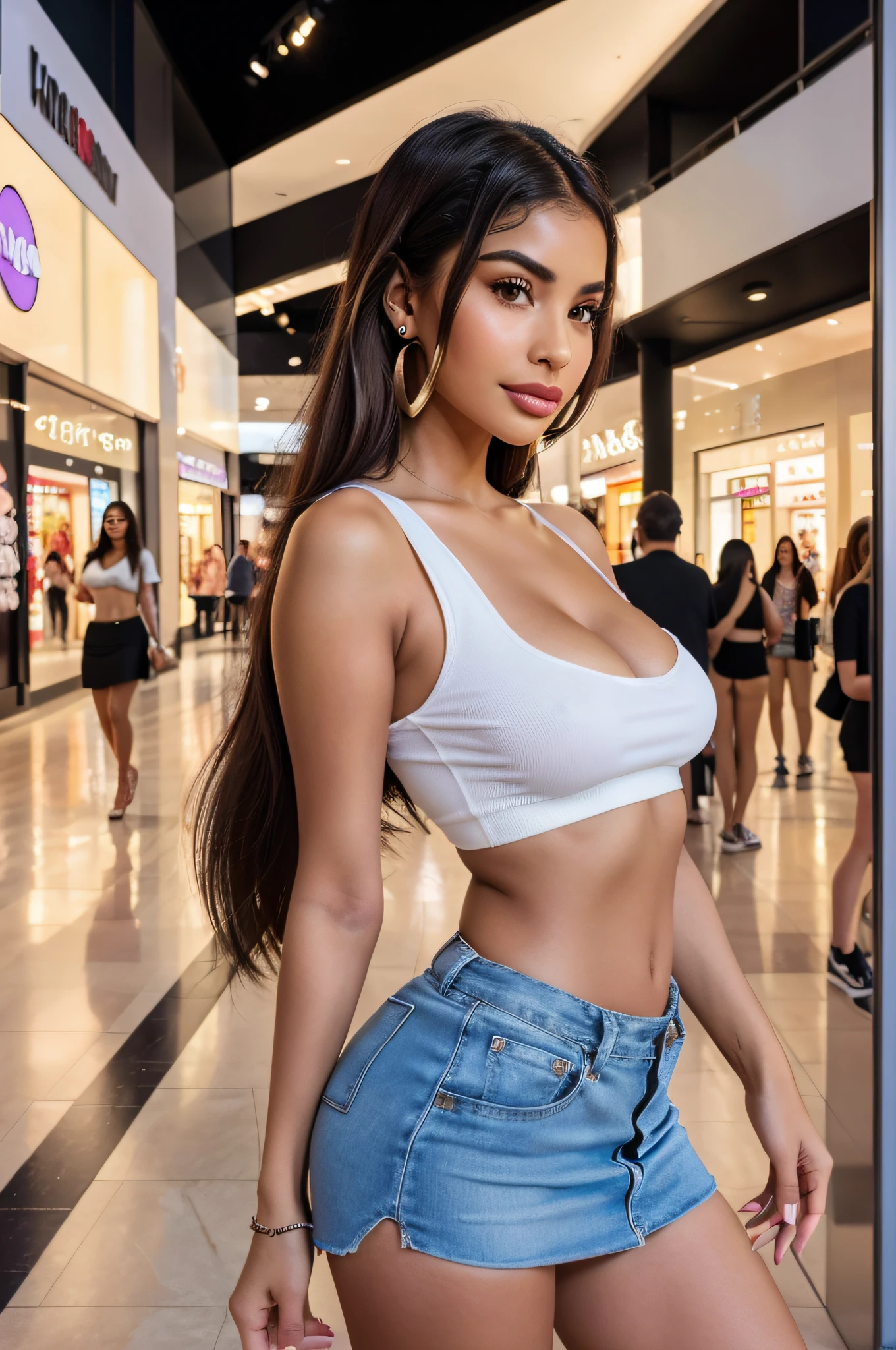 araffed woman in a tshirt and mini skirt, ??????, violet myers, instagram model, tanned ameera al taweel, demi rose, madison beer, gorgeous latina face, portrait sophie mudd, attractive girl, angelawhite, portrait of demi rose, mia khalifa, 20 years old, portrait demi rose, beautiful image, gorgeous female, profile pic, daytime city walk, city, beautiful person posing in a mall clothing store, smile, best quality, 1girl, blur background, bokeh, (mall:1.4), ((wearing casual clothes)), gorgeous, , beautiful detailed sky, (dynamic pose:1), soft lighting, wind, (()), (extremely detailed CG unity 8k wallpaper), (modern outfit:1.2), red lips, (earrings), 1girl