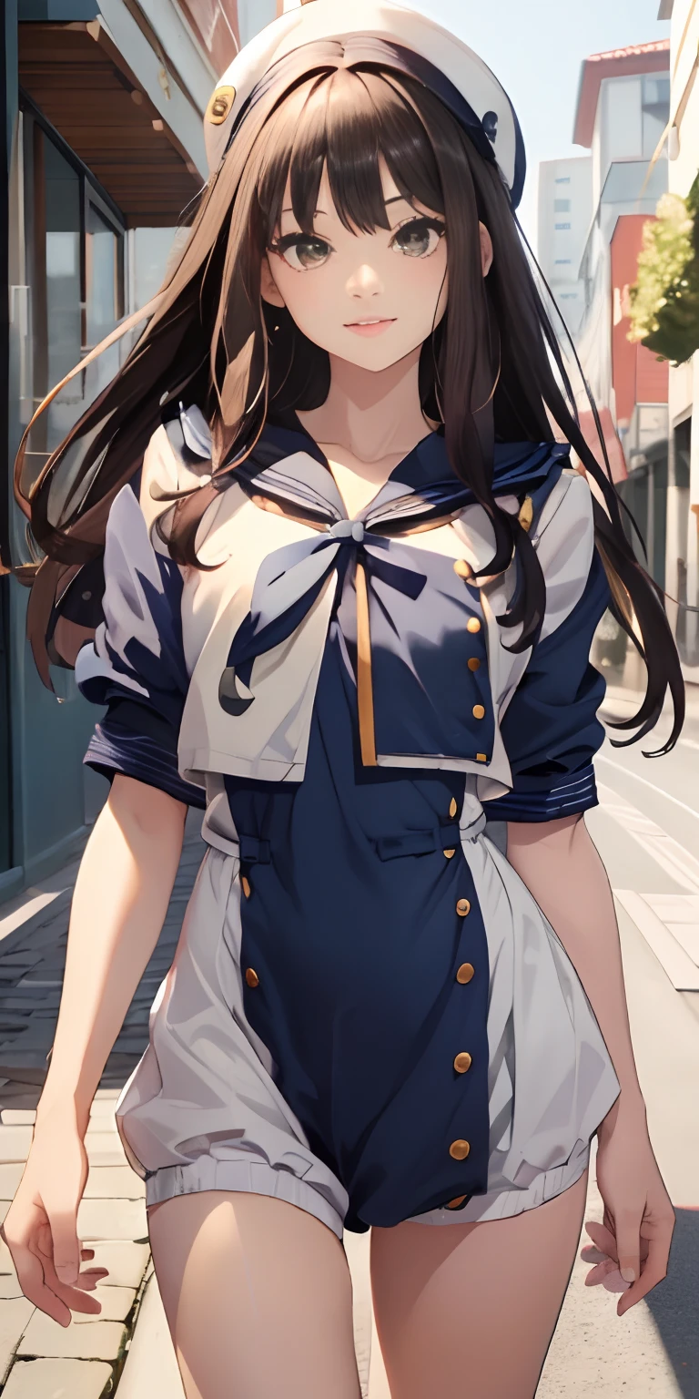 ((top-quality、8K,masterpiece:1.3))、foco nítido:1.2、Cute and beautiful woman with perfect body shape:1.4、A slight smil,A slender ,((a sailor suit:1.4)),Street,stylish pose,Highly detailed facial and skin texture、A detailed eye、二重まぶた