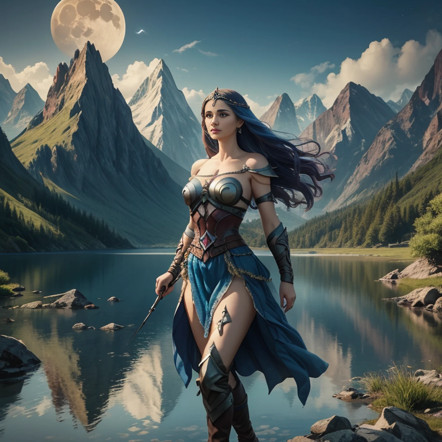 uma mulher em um vestido prateado e azul, corpo inteiro, arte de fantasia detalhada, arte de personagem impressionante, epic and exquisite character art, bela armadura da rainha, arte extremamente detalhada 8k, numa paisagem extremamente detalhada 8k, mountains and a lake with a moon in the sky, 4k arte digital altamente detalhada, muito detalhado, paisagem de fantasia impressionante, Epic landscape of dreamlike fantasy 4K, 8k arte impressionante