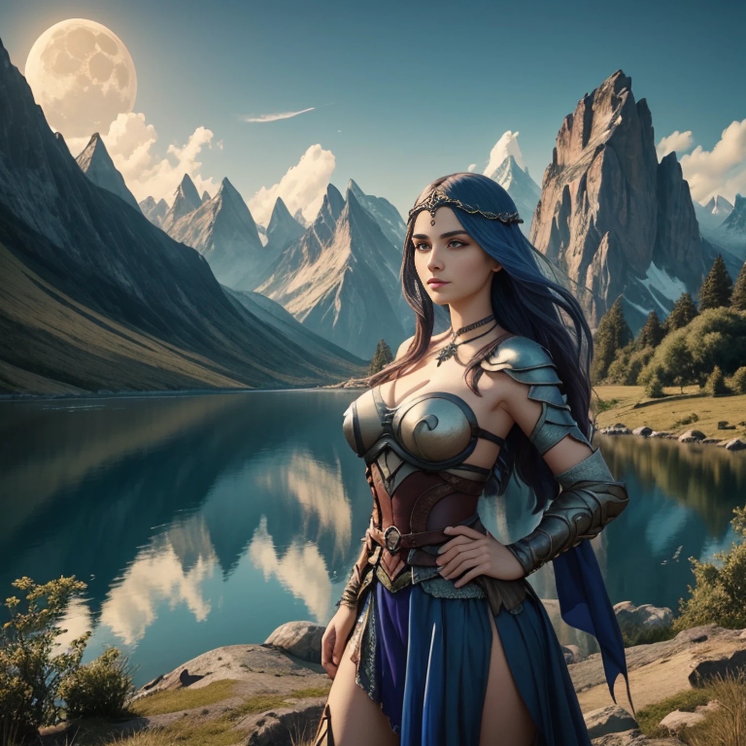 uma mulher em um vestido prateado e azul, corpo inteiro, arte de fantasia detalhada, arte de personagem impressionante, epic and exquisite character art, bela armadura da rainha, arte extremamente detalhada 8k, numa paisagem extremamente detalhada 8k, mountains and a lake with a moon in the sky, 4k arte digital altamente detalhada, muito detalhado, paisagem de fantasia impressionante, Epic landscape of dreamlike fantasy 4K, 8k arte impressionante